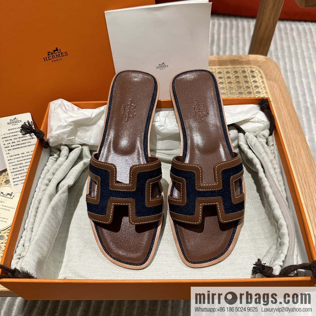 Hermes, brown denim slippers.