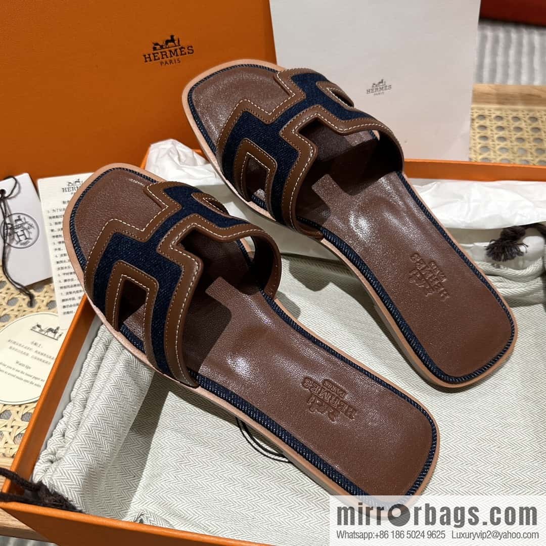 Hermes, brown denim slippers.