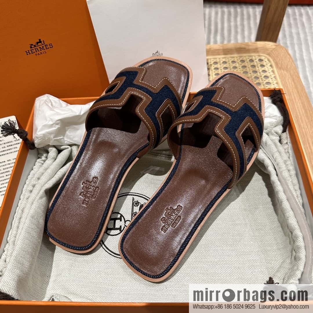 Hermes, brown denim slippers.