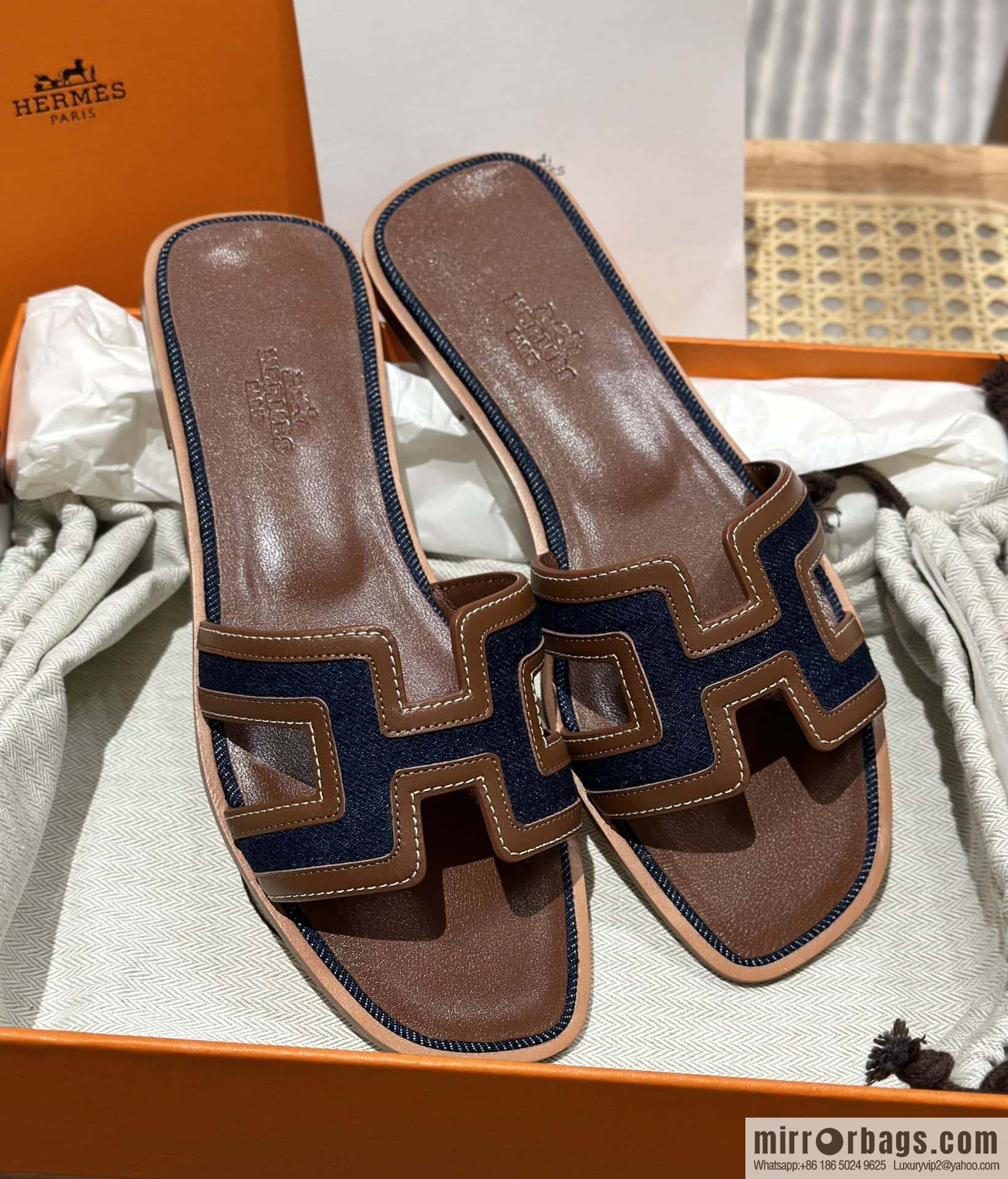 Hermes, brown denim slippers.