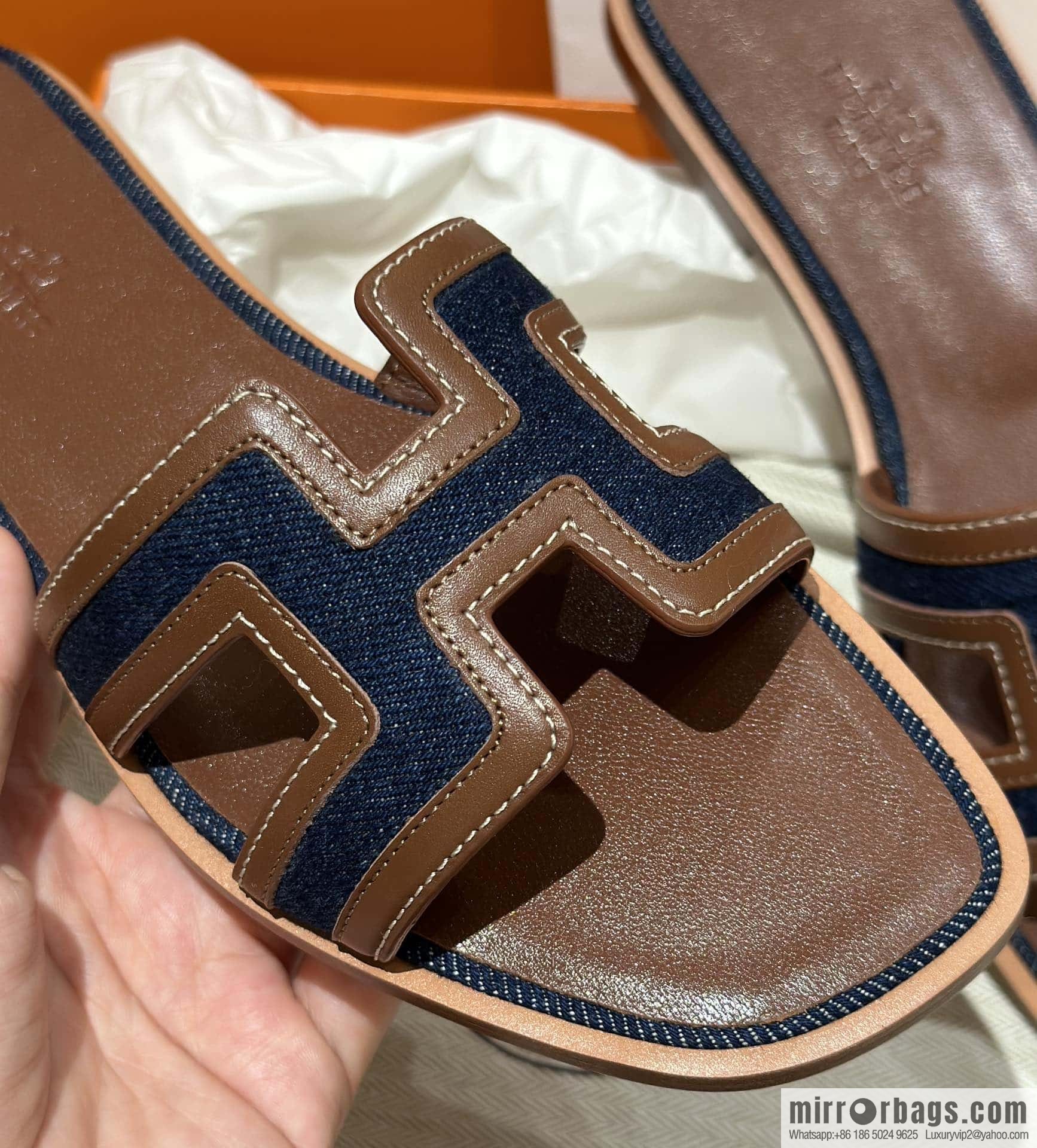 Hermes, brown denim slippers.