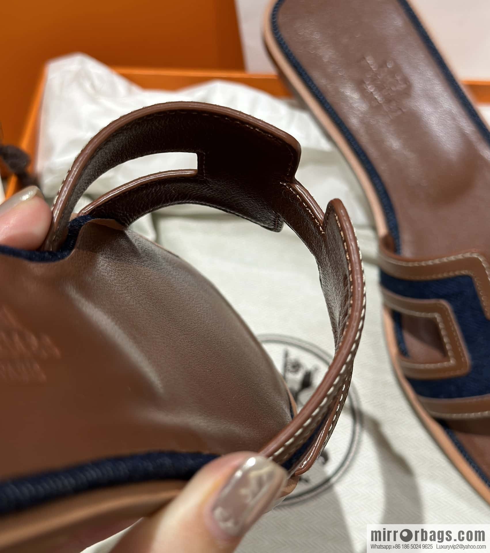 Hermes, brown denim slippers.
