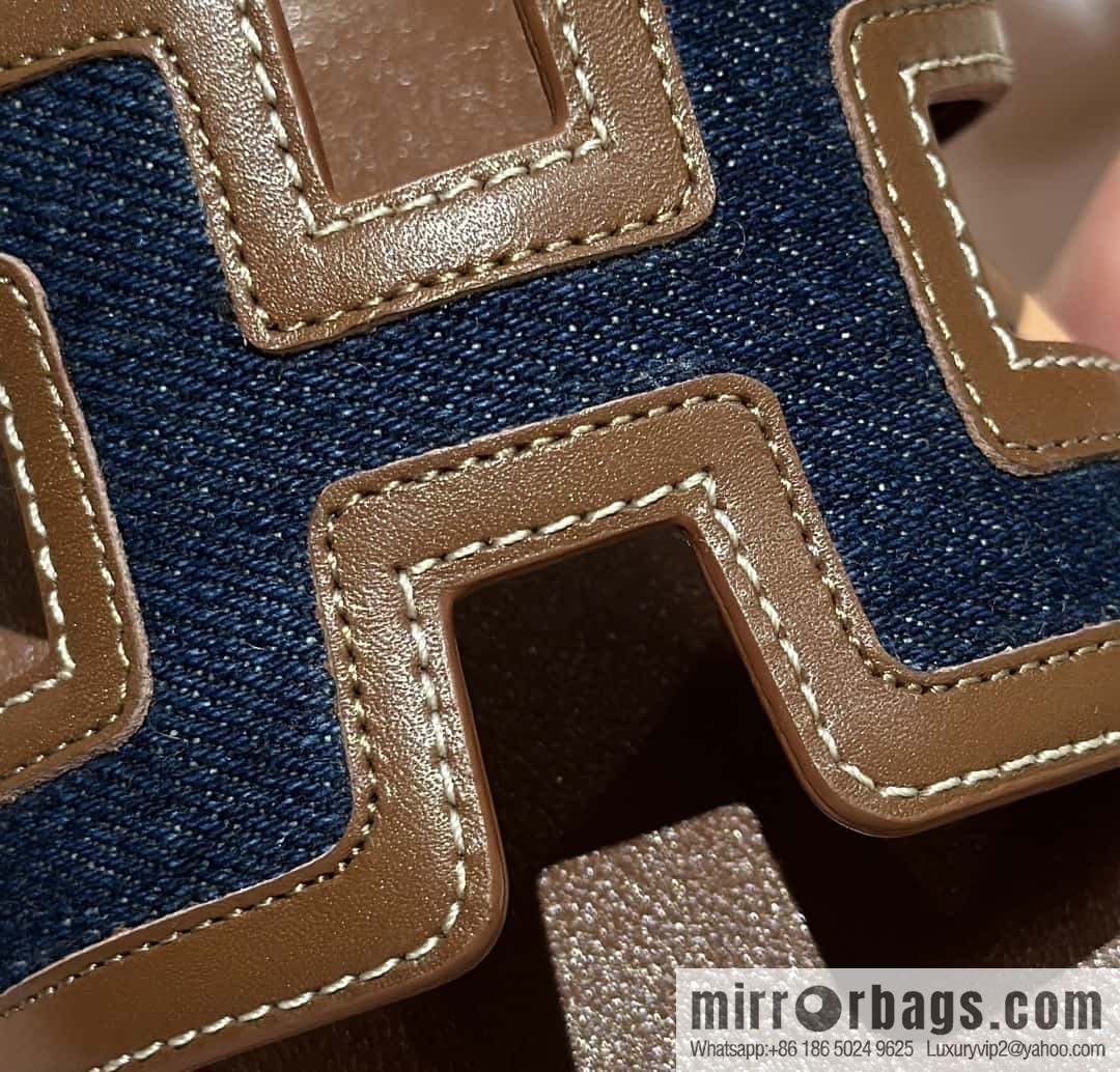 Hermes, brown denim slippers.