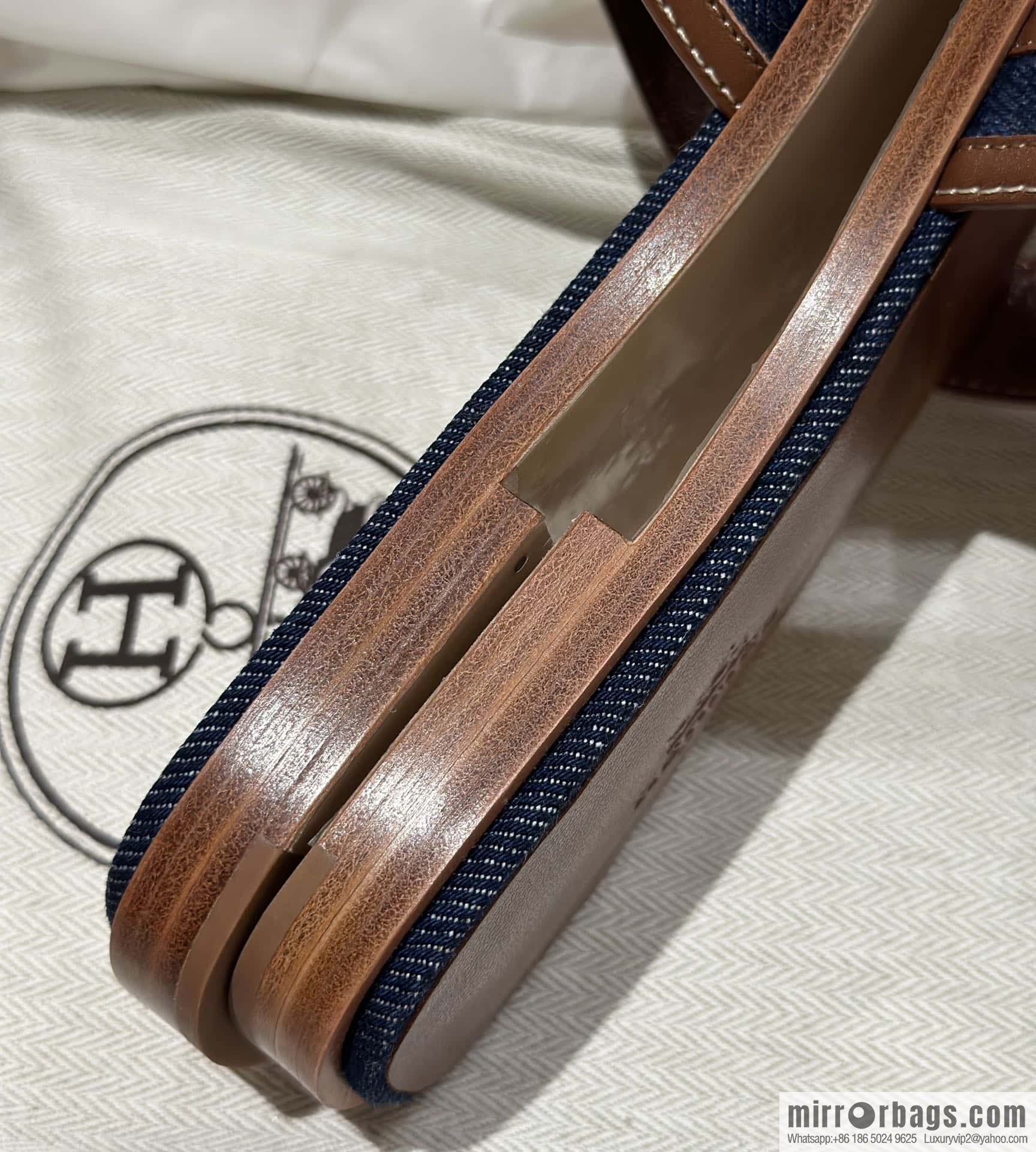 Hermes, brown denim slippers.