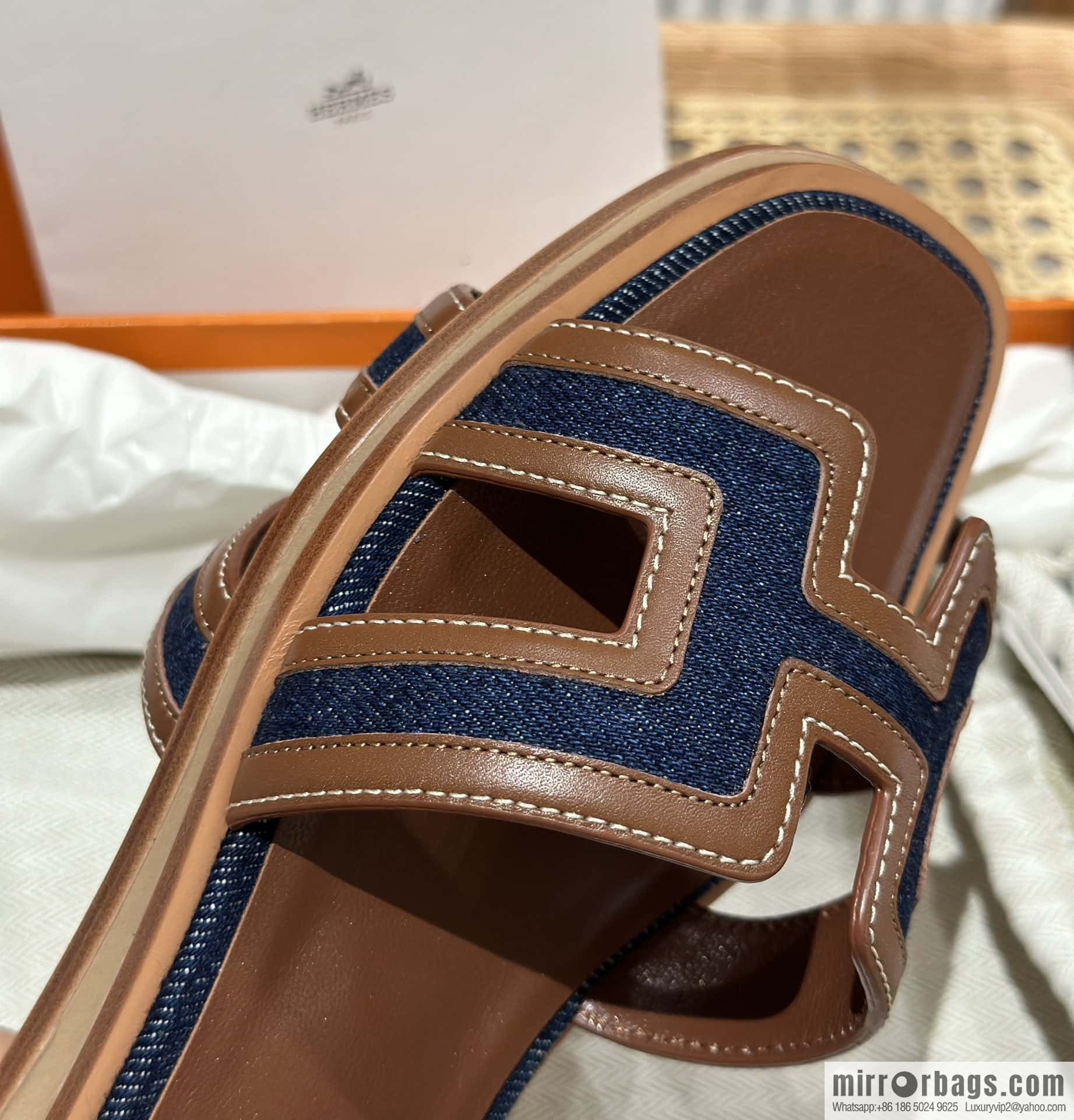 Hermes, brown denim slippers.