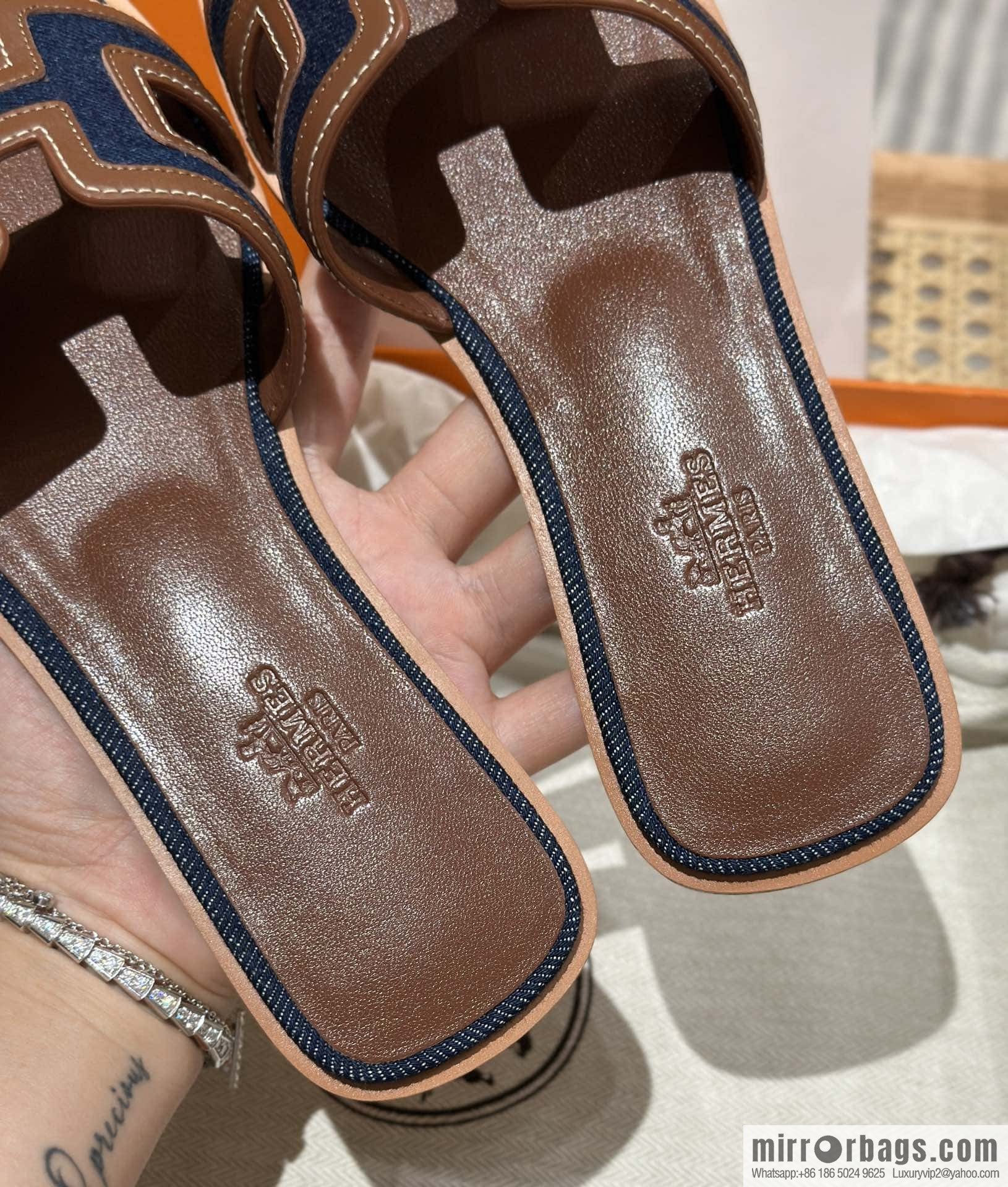 Hermes, brown denim slippers.