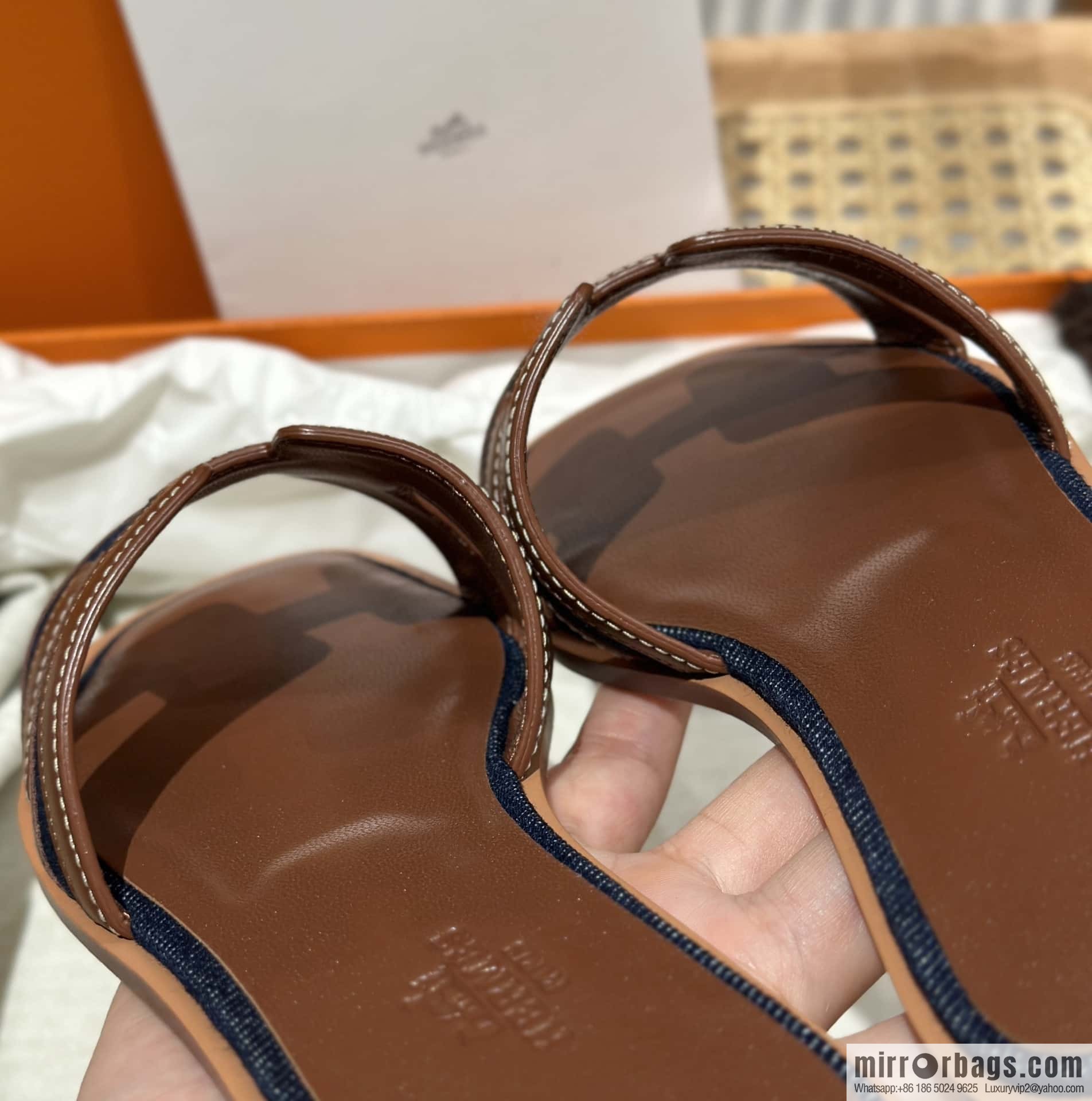 Hermes, brown denim slippers.