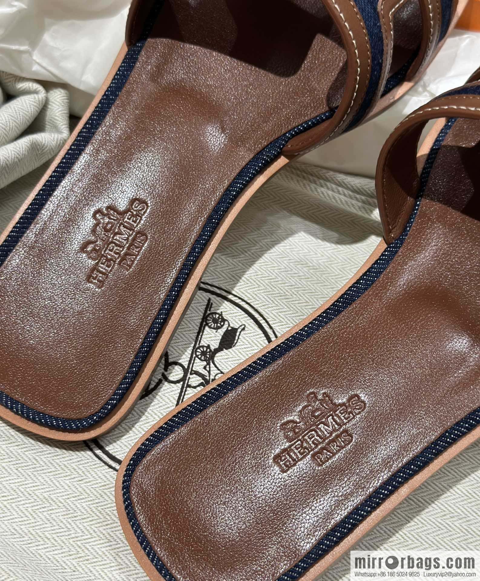 Hermes, brown denim slippers.