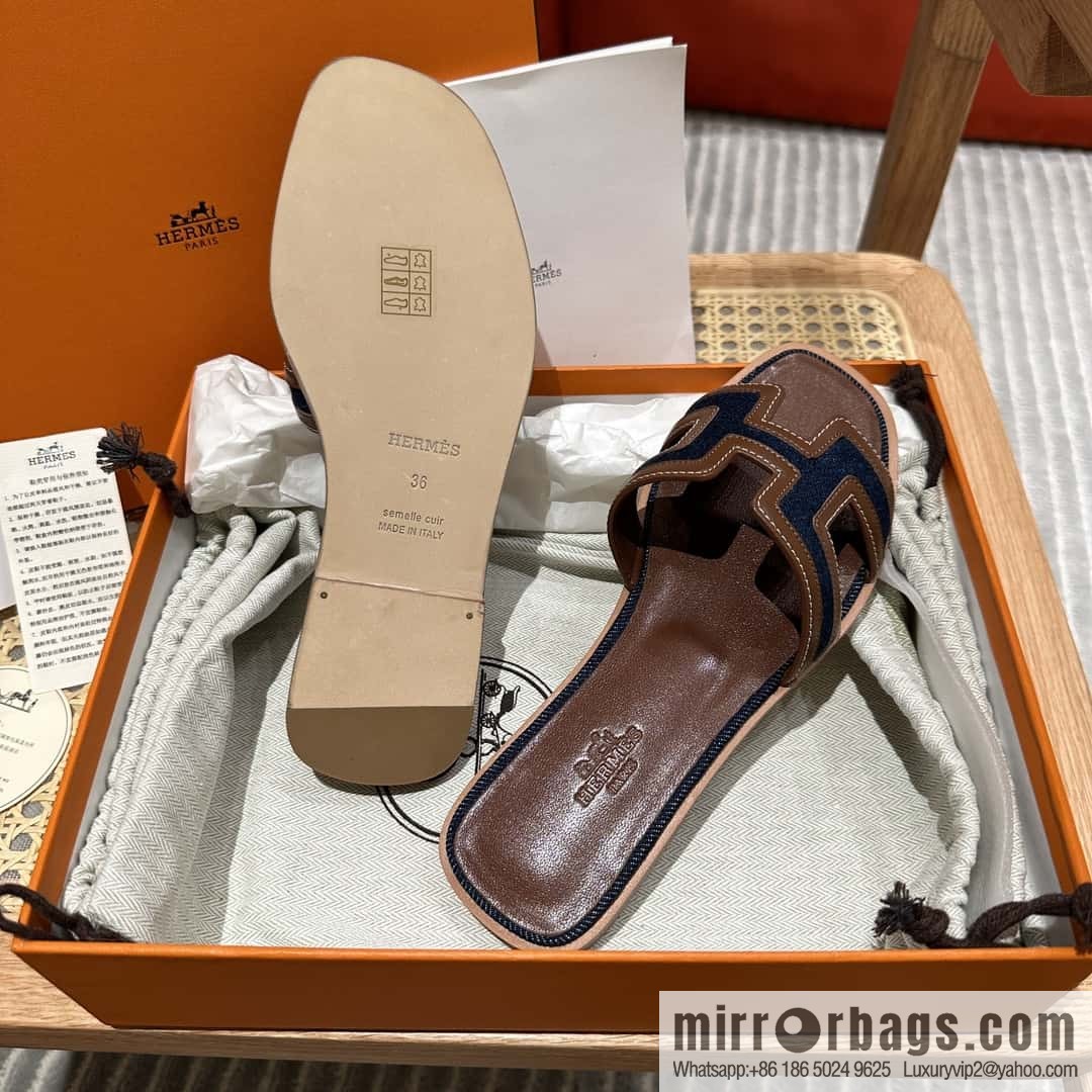 Hermes, brown denim slippers.