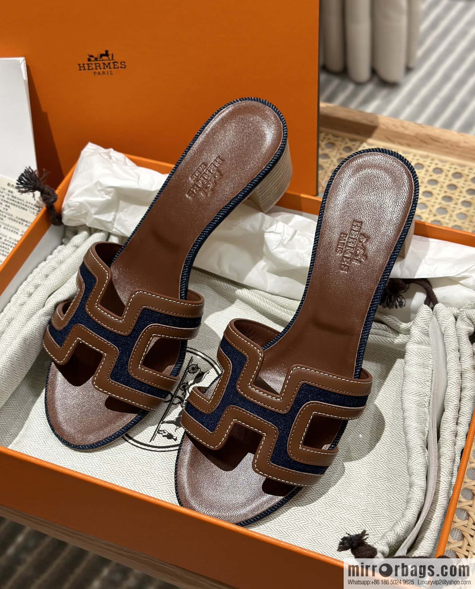 Hermes, brown denim heels