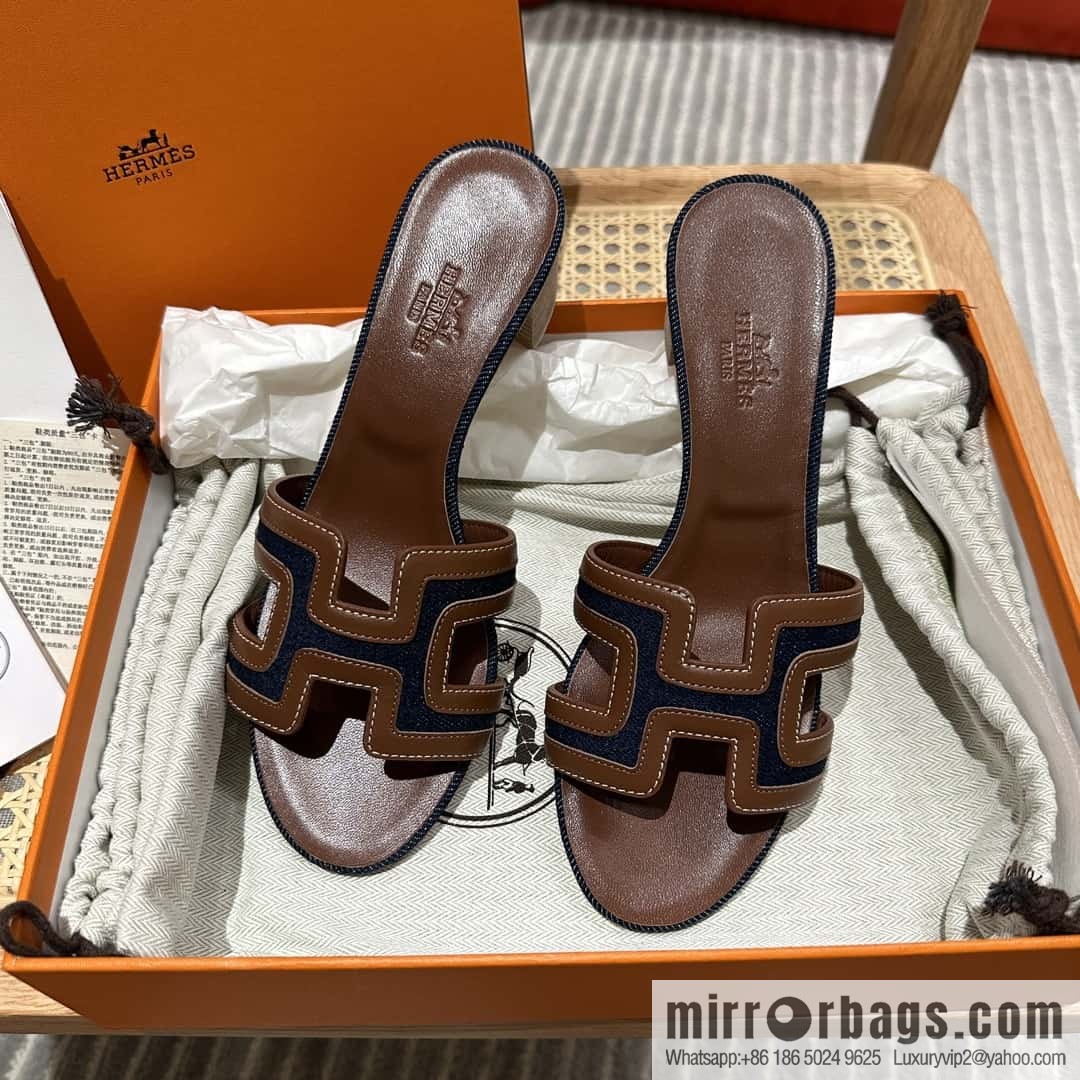 Hermes, brown denim heels