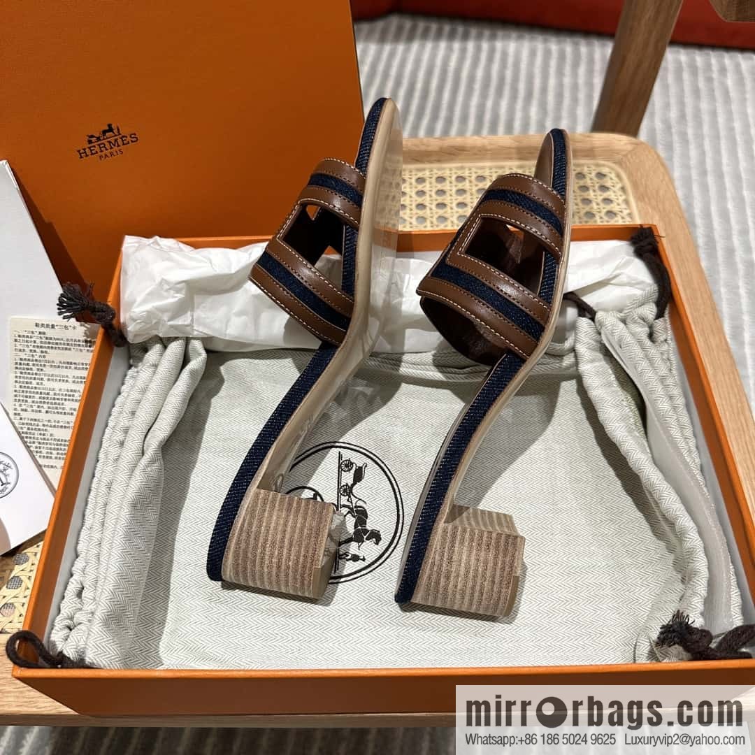 Hermes, brown denim heels