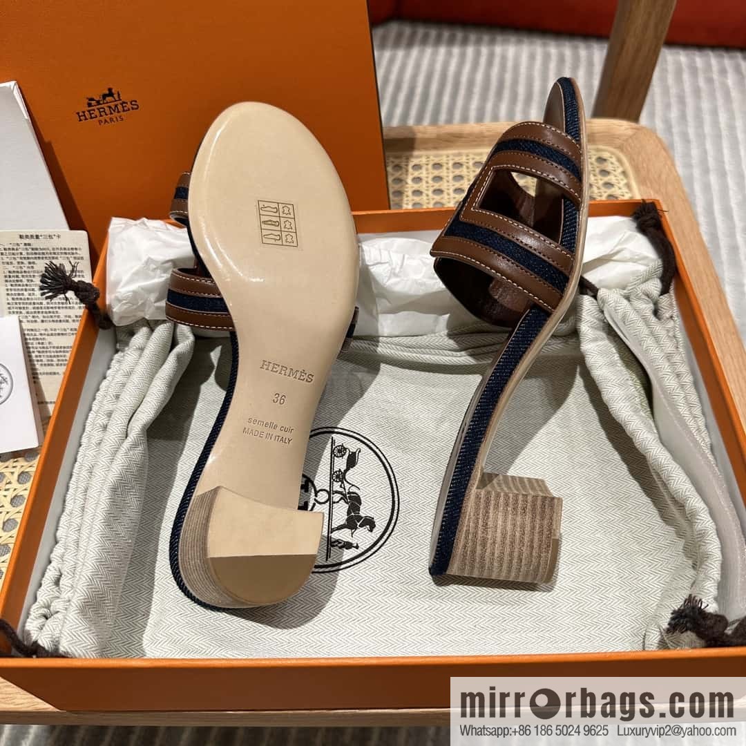 Hermes, brown denim heels