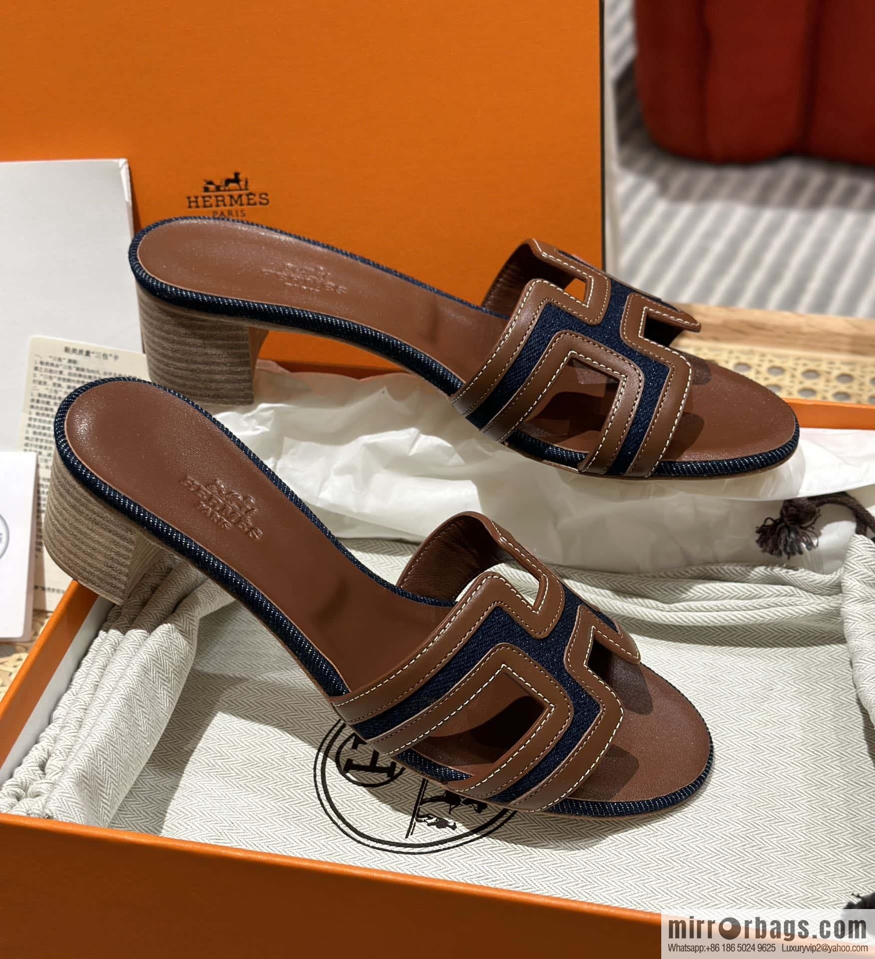 Hermes, brown denim heels