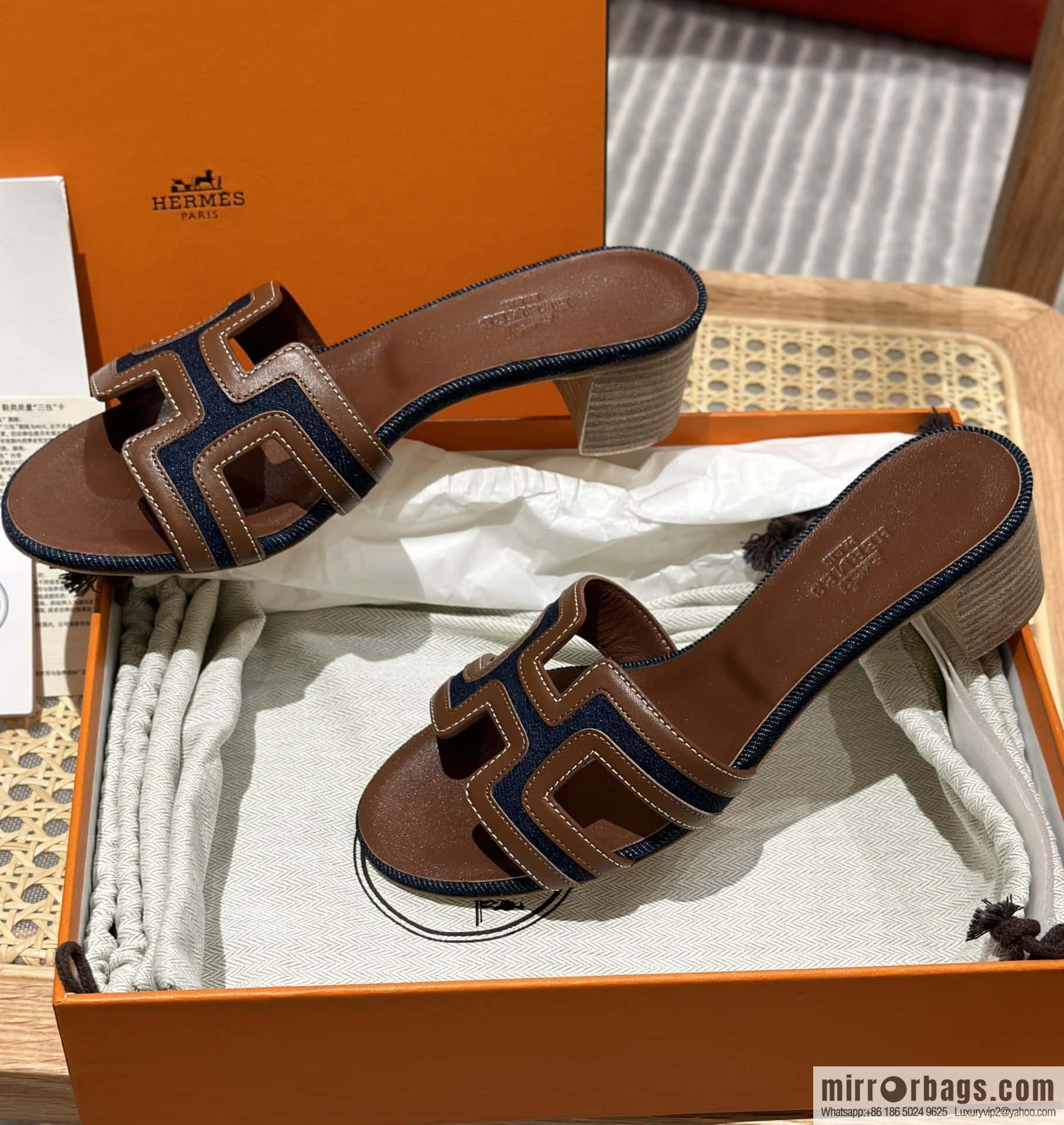 Hermes, brown denim heels