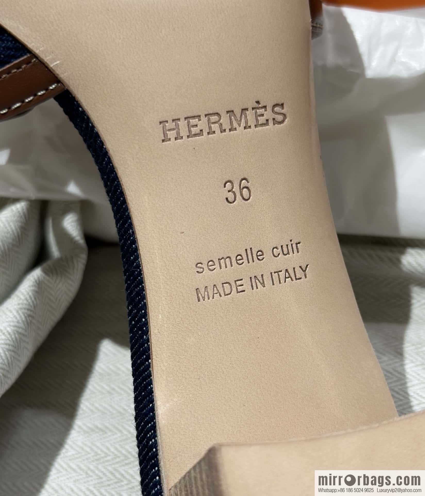 Hermes, brown denim heels