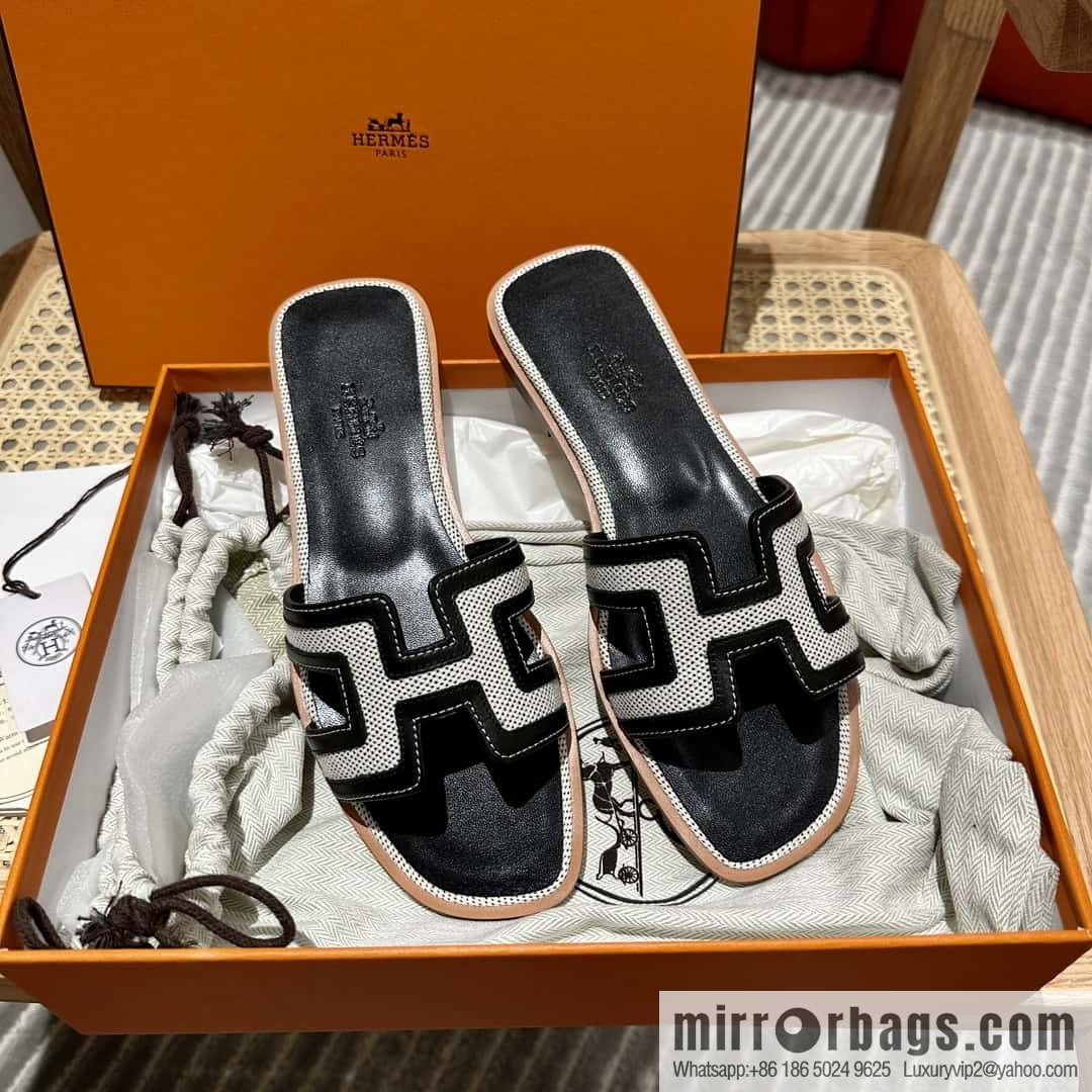 Hermes, canvas leather slippers