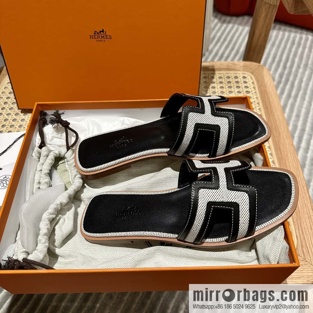 Hermes, canvas leather slippers