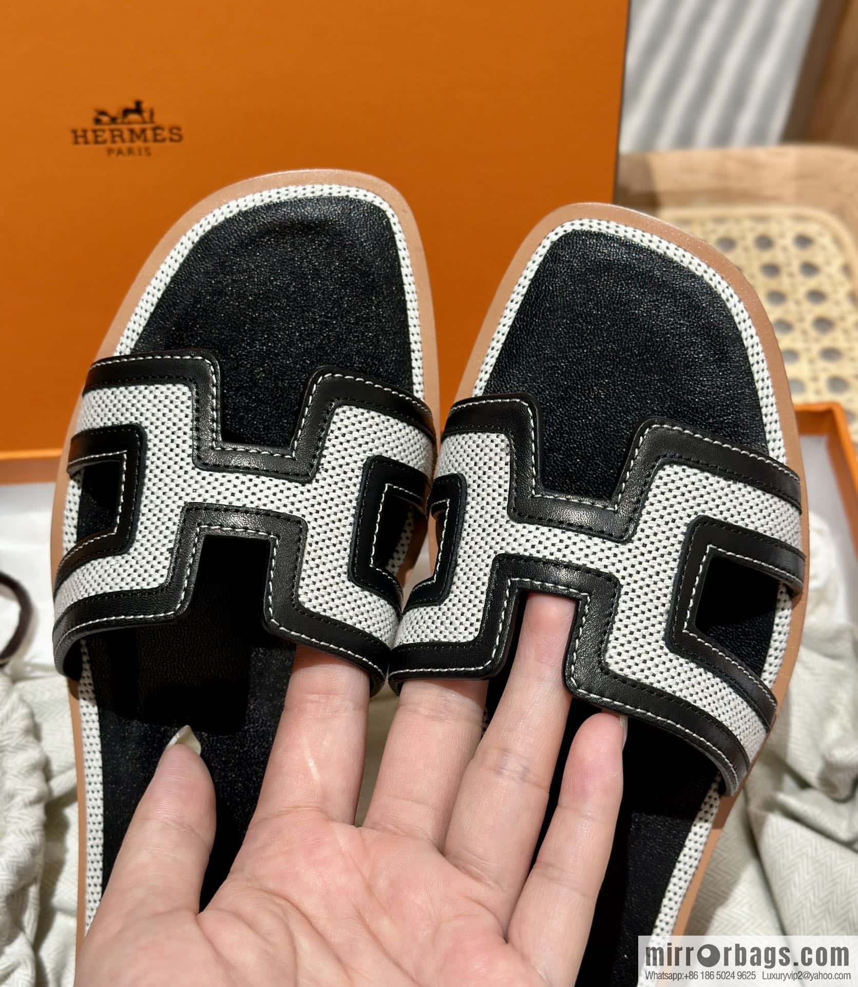 Hermes, canvas leather slippers