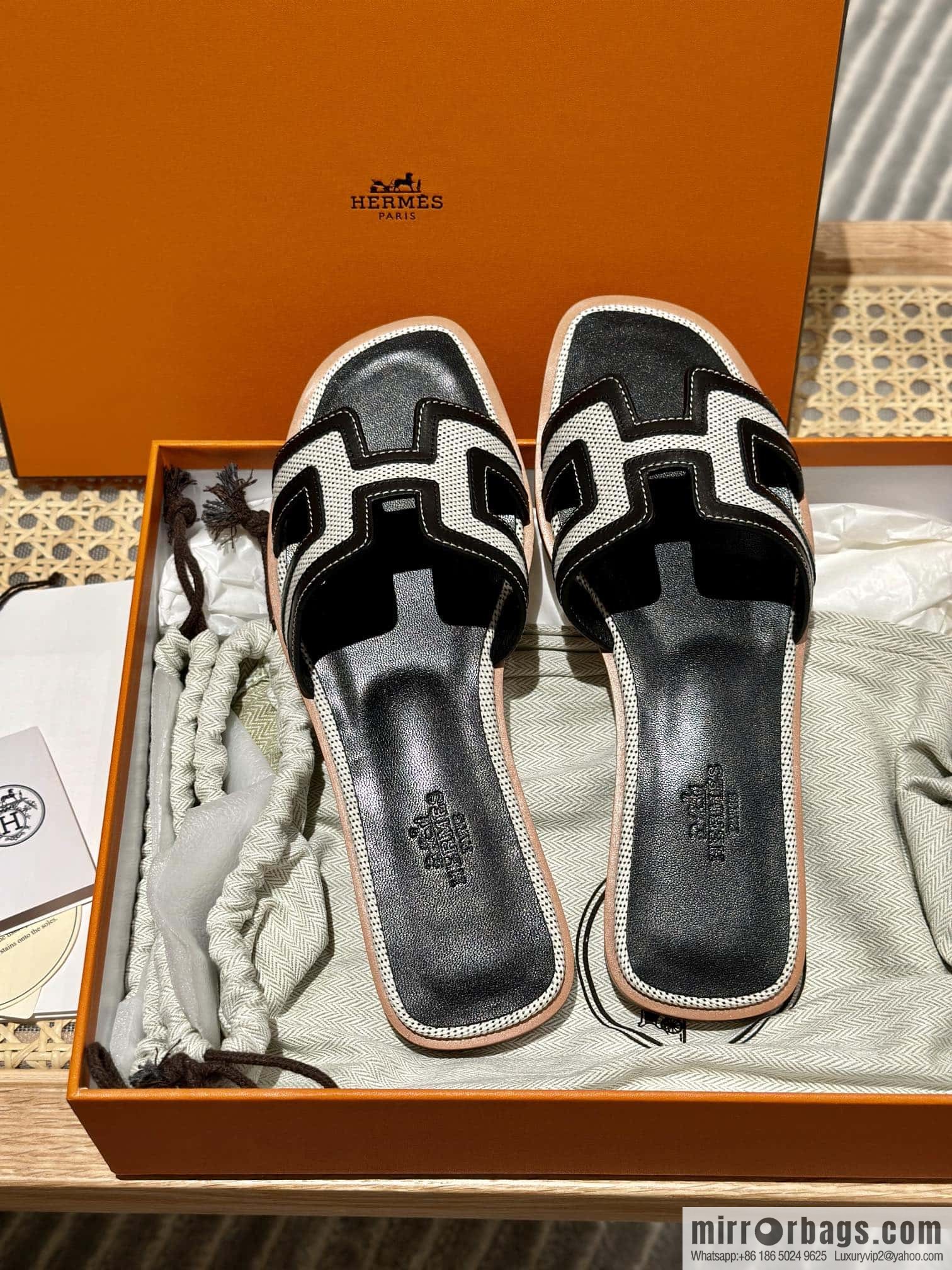 Hermes, canvas leather slippers