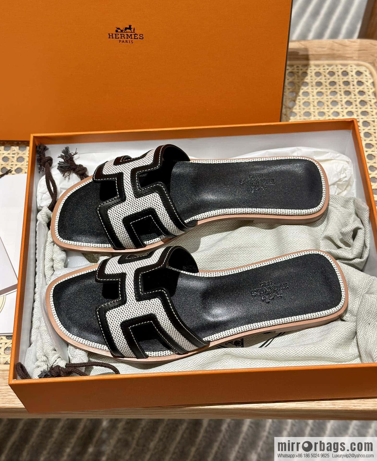 Hermes, canvas leather slippers