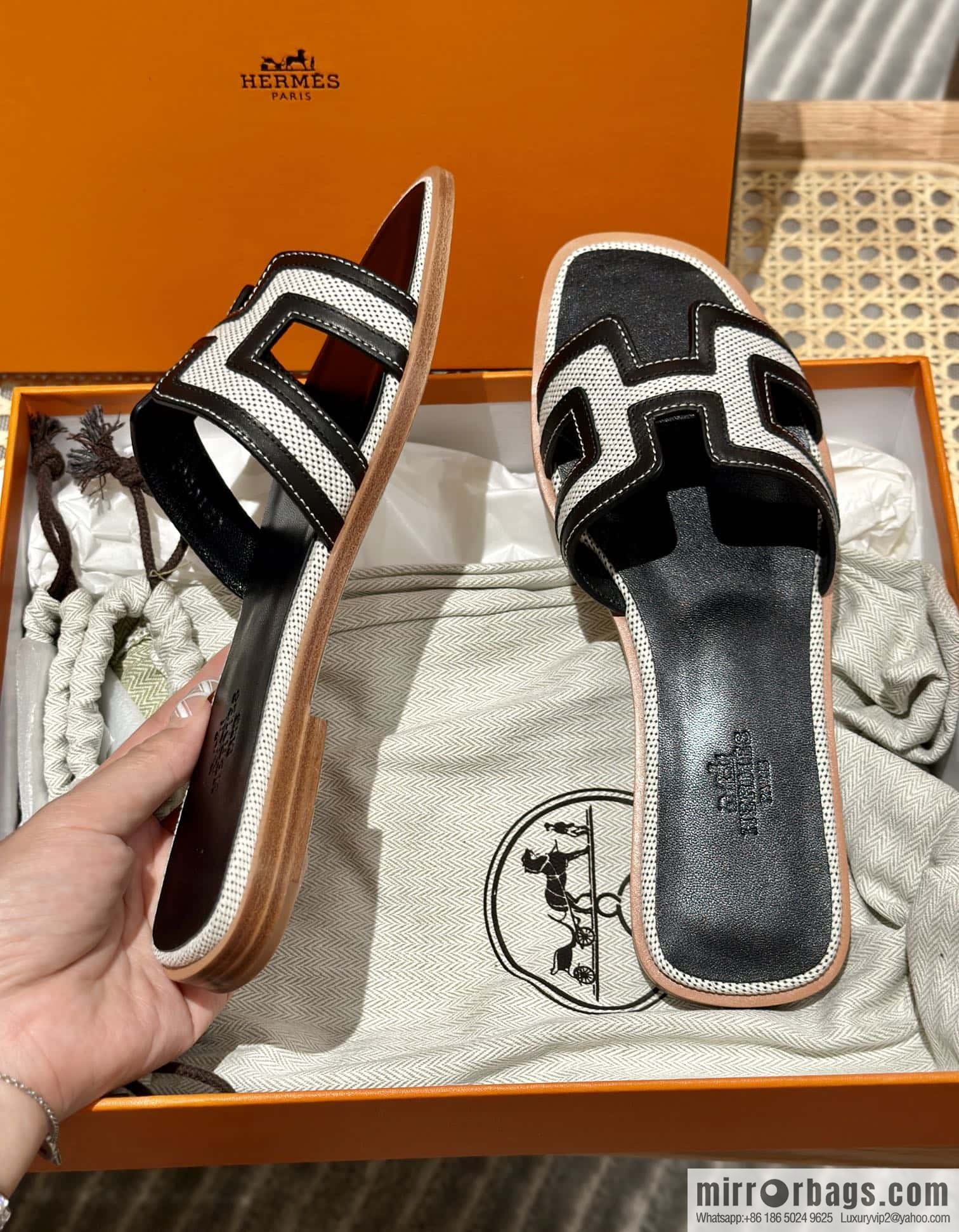 Hermes, canvas leather slippers