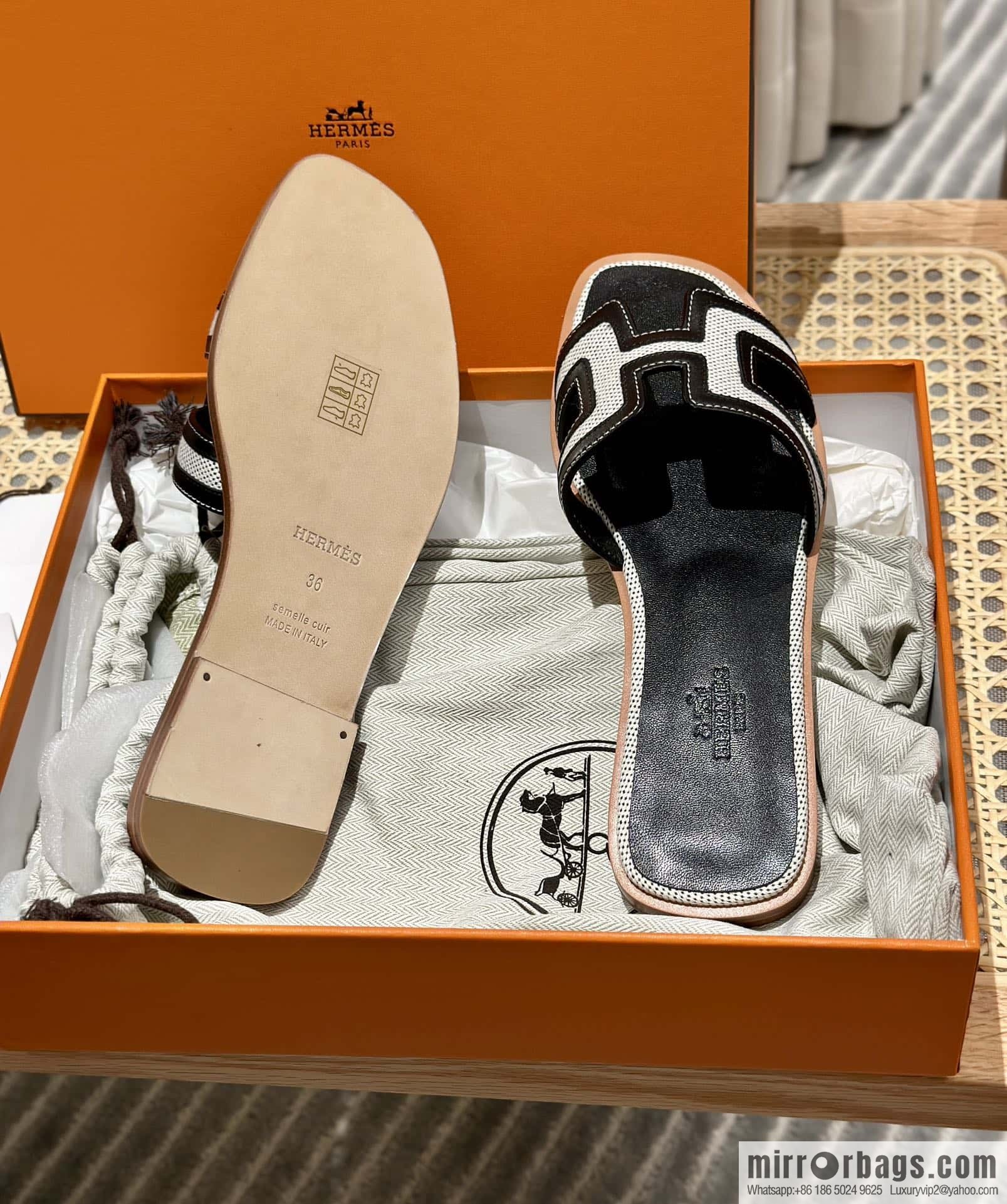 Hermes, canvas leather slippers