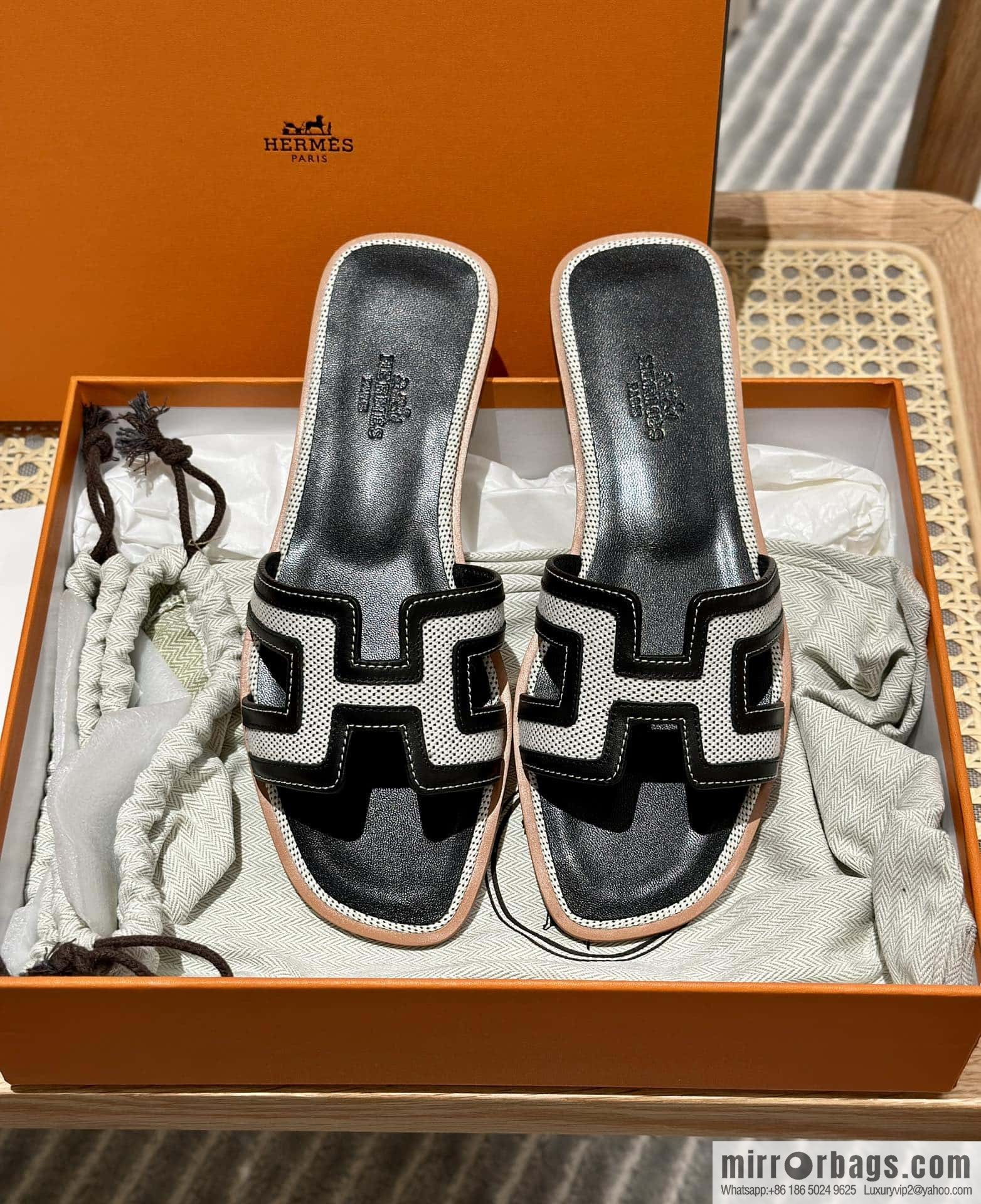 Hermes, canvas leather slippers