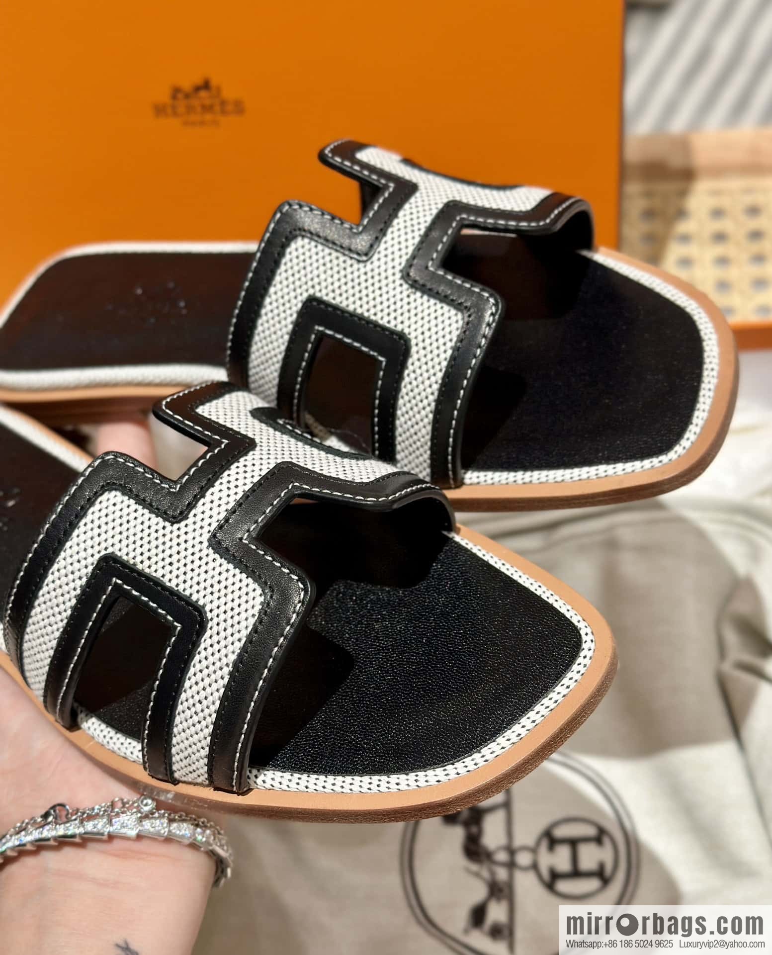 Hermes, canvas leather slippers