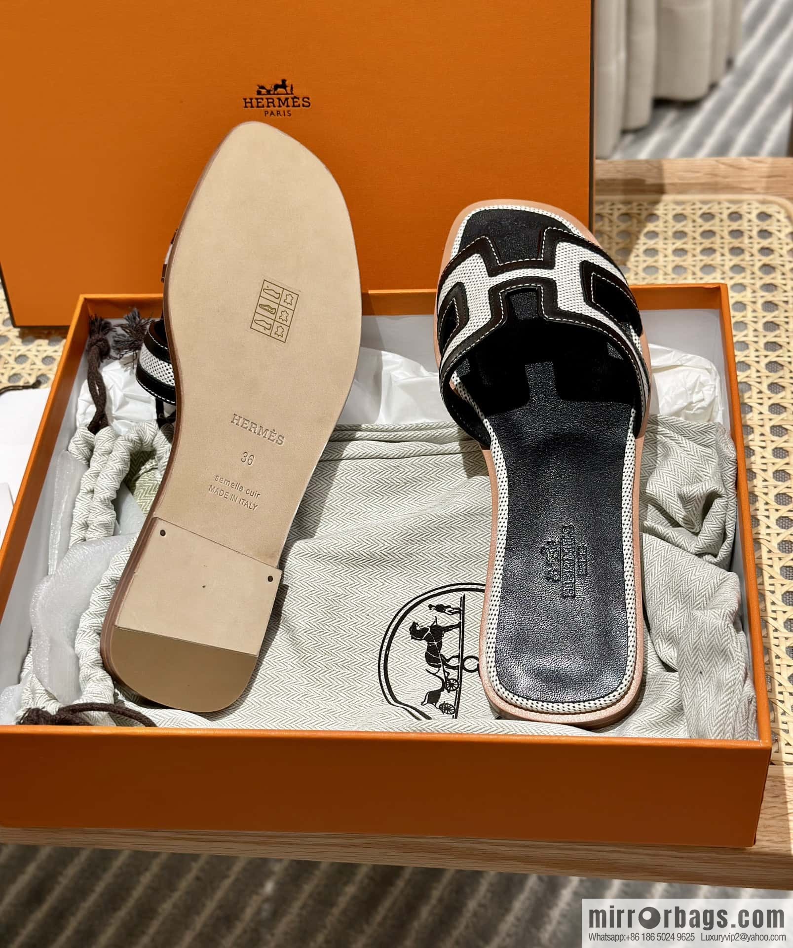 Hermes, canvas leather slippers