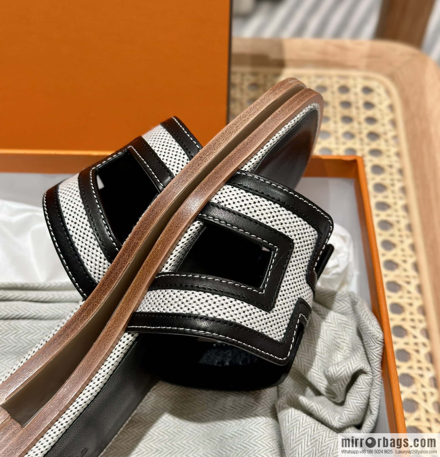 Hermes, canvas leather slippers