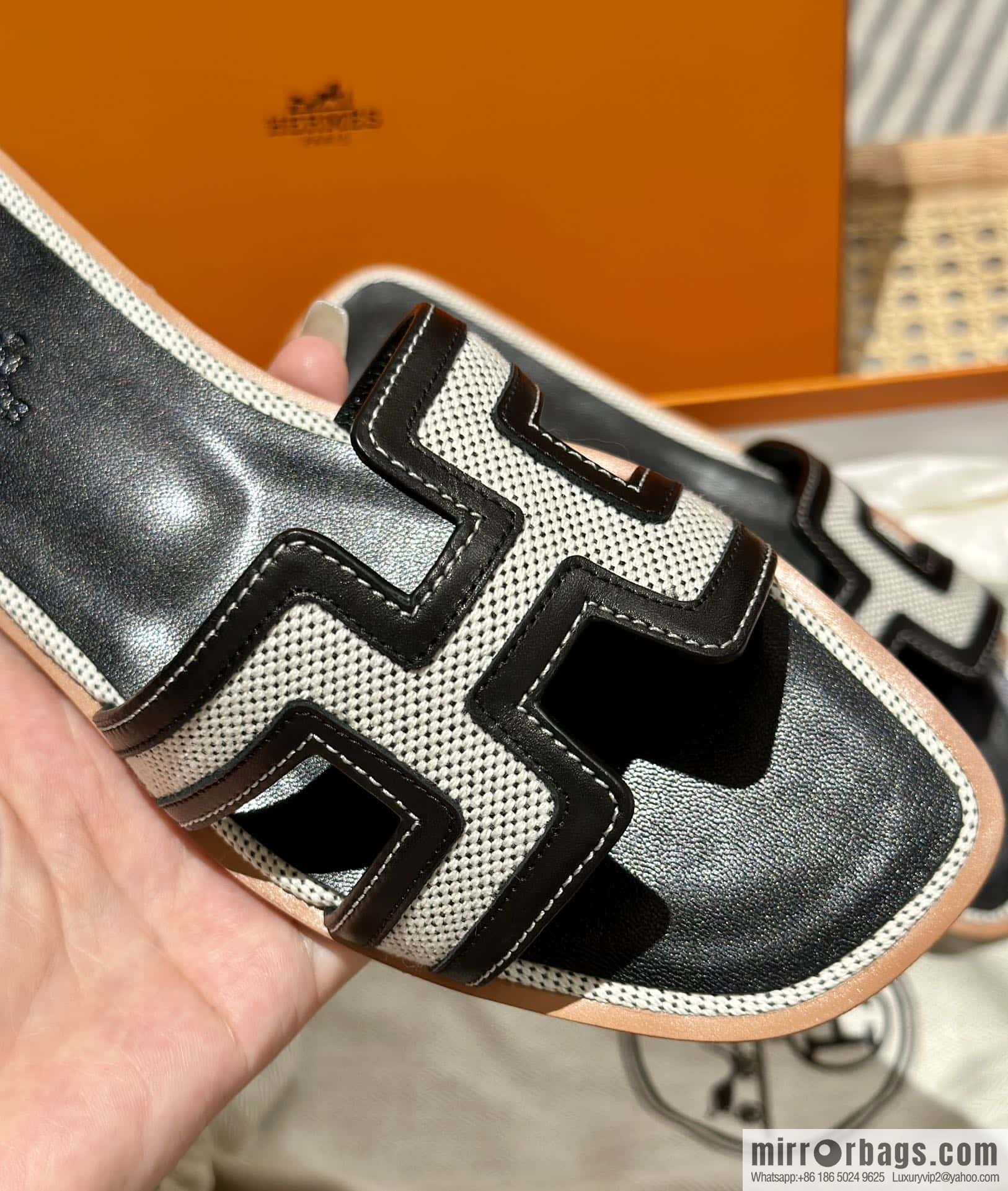 Hermes, canvas leather slippers