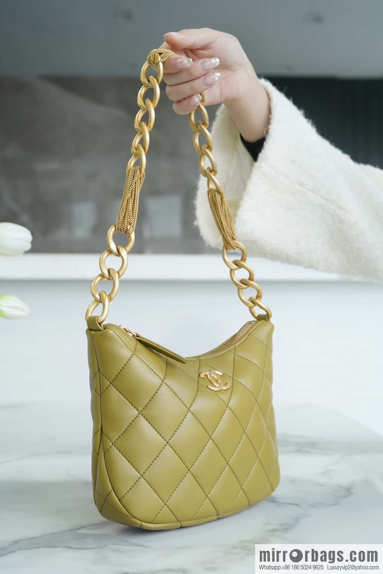 CHANEL 23A Handicraft Workshop HOBO Underarm Bag AS4220 Mustard Green