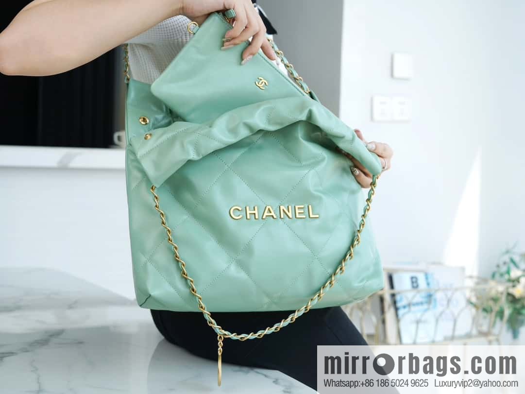 CHANEL 23c new 22 handbag AS3260 mint green 🌿 genuine tail leather small