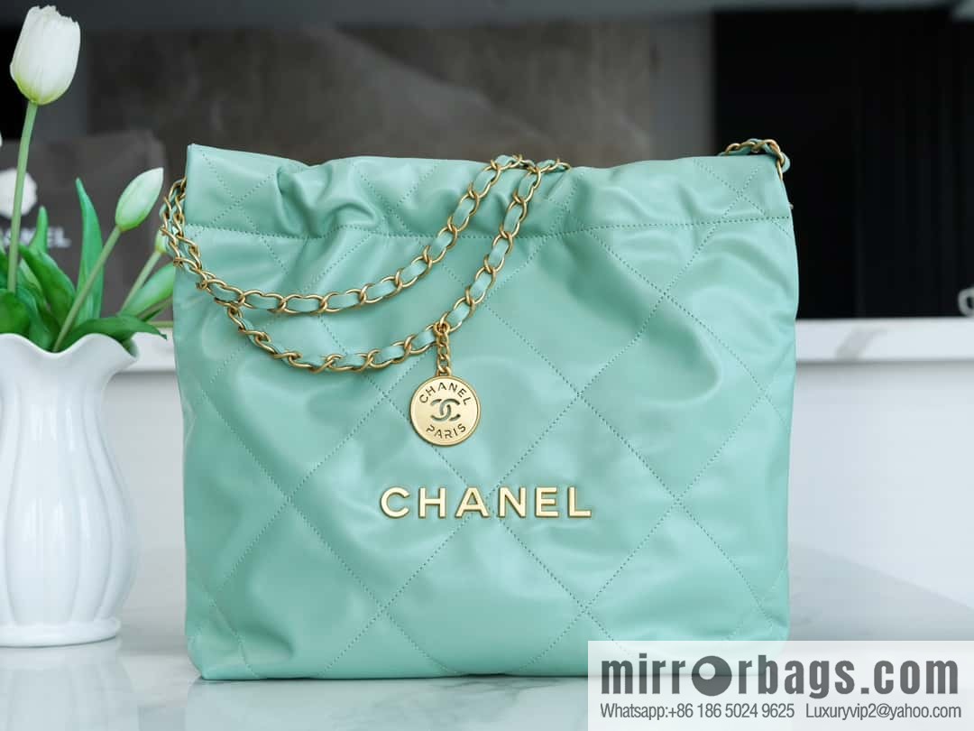 CHANEL 23c new 22 handbag AS3260 mint green 🌿 genuine tail leather small