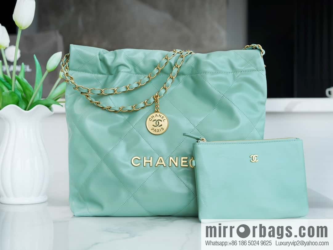 CHANEL 23c new 22 handbag AS3260 mint green 🌿 genuine tail leather small