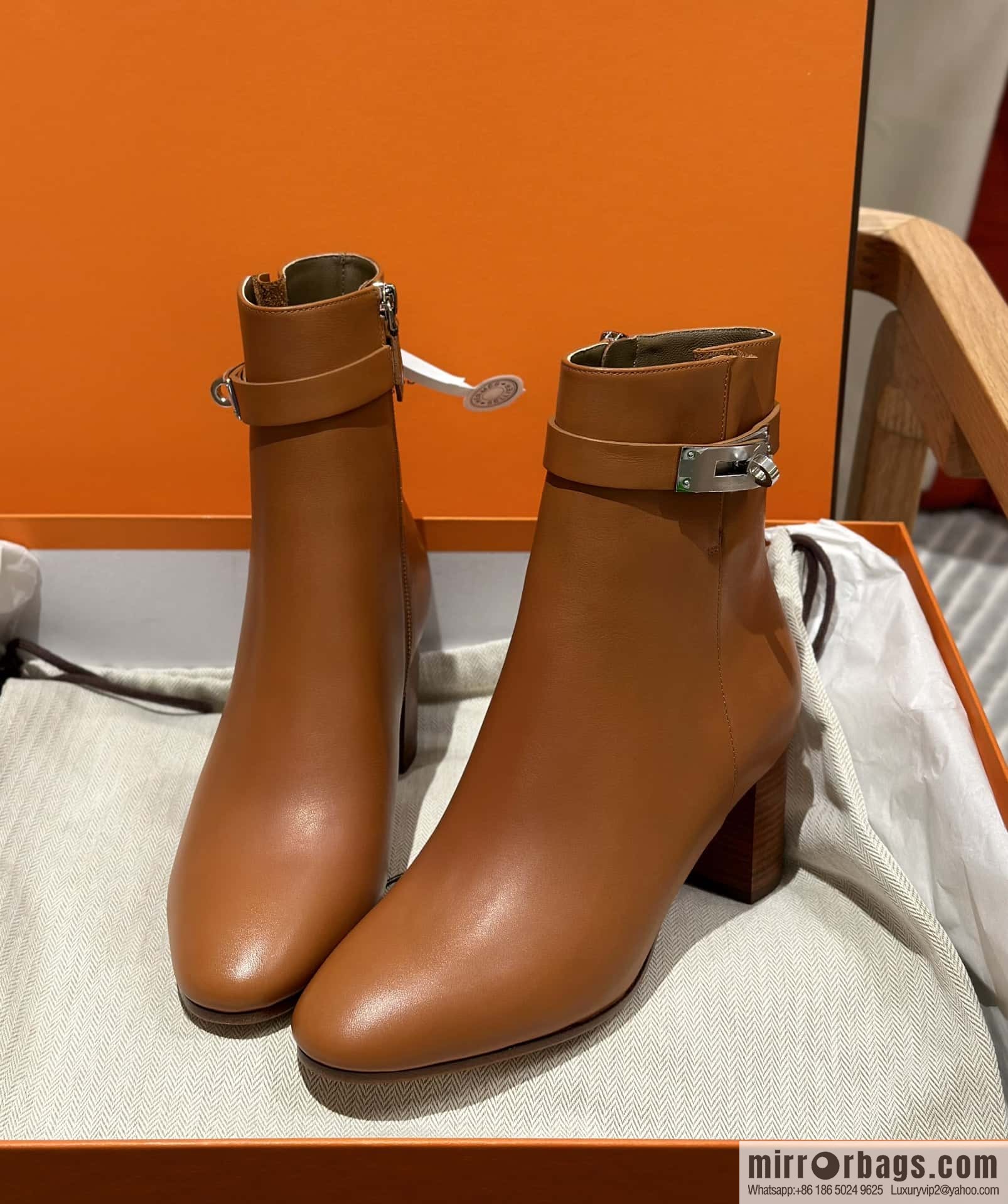Hermès Kelly Buckle, Calfskin High Heel Boots, Brown