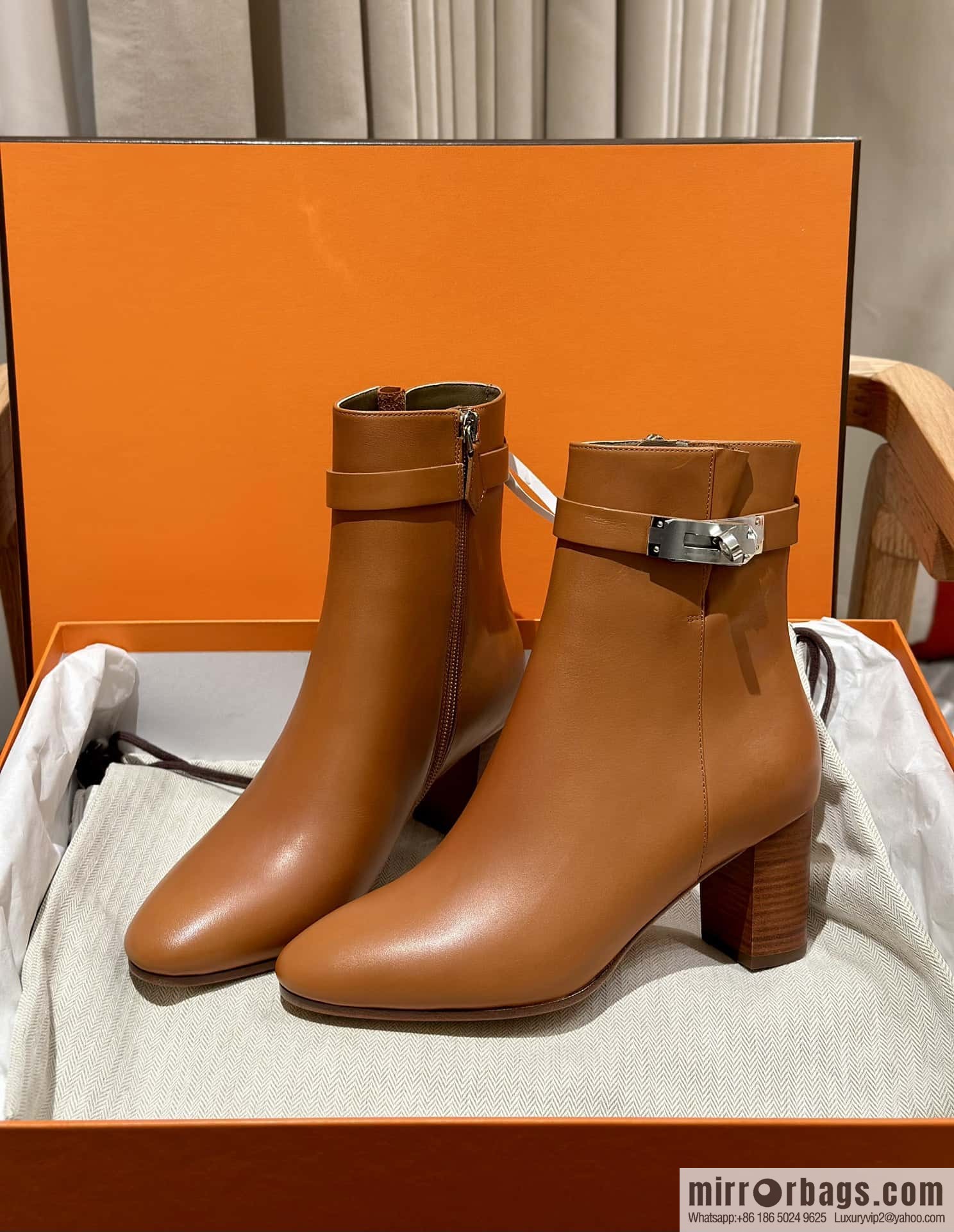 Hermès Kelly Buckle, Calfskin High Heel Boots, Brown