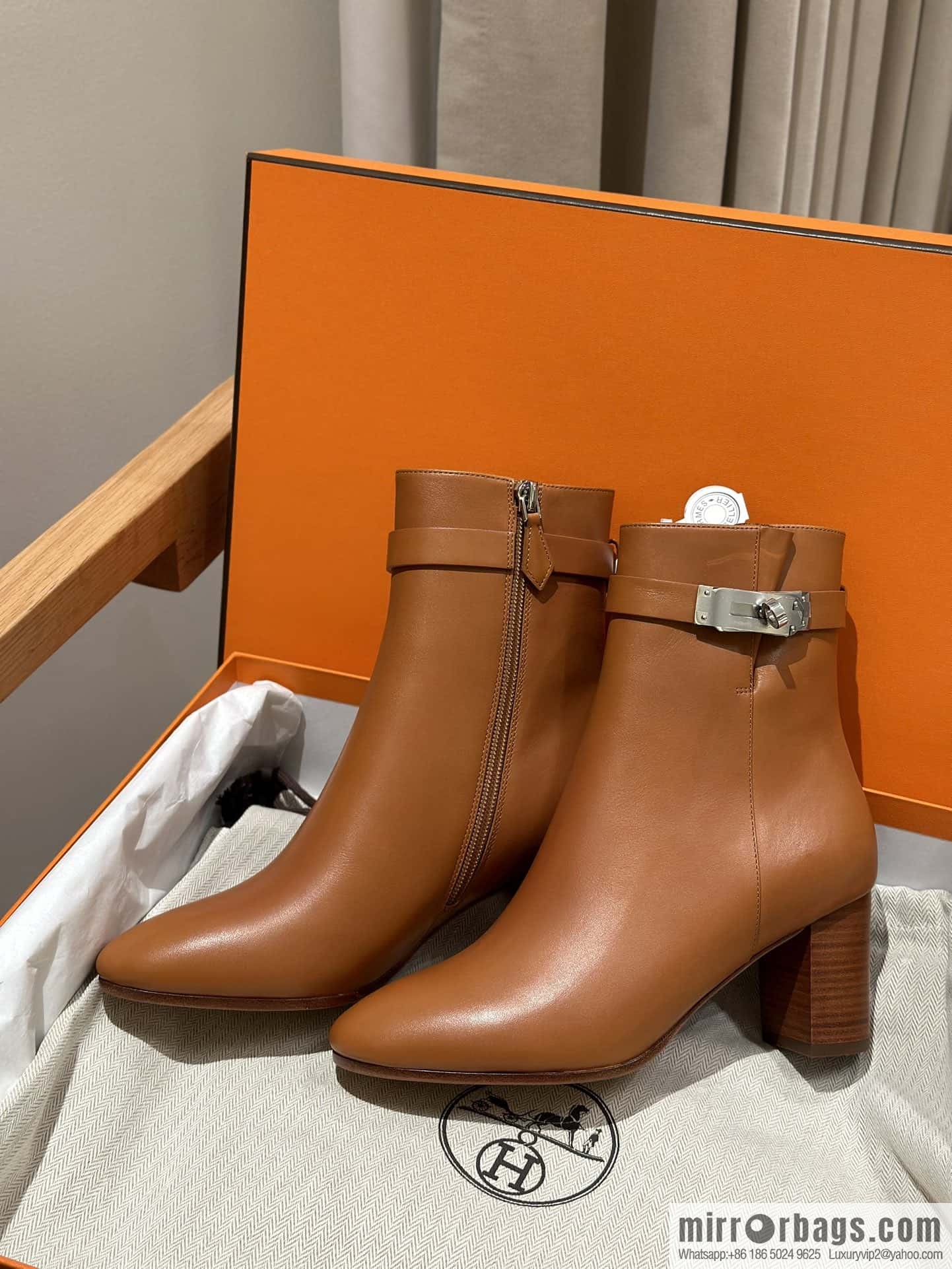 Hermès Kelly Buckle, Calfskin High Heel Boots, Brown