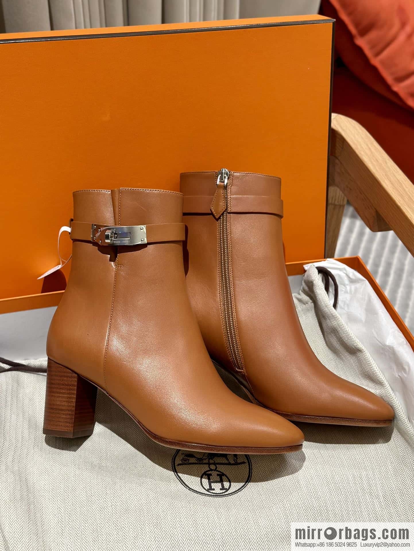 Hermès Kelly Buckle, Calfskin High Heel Boots, Brown