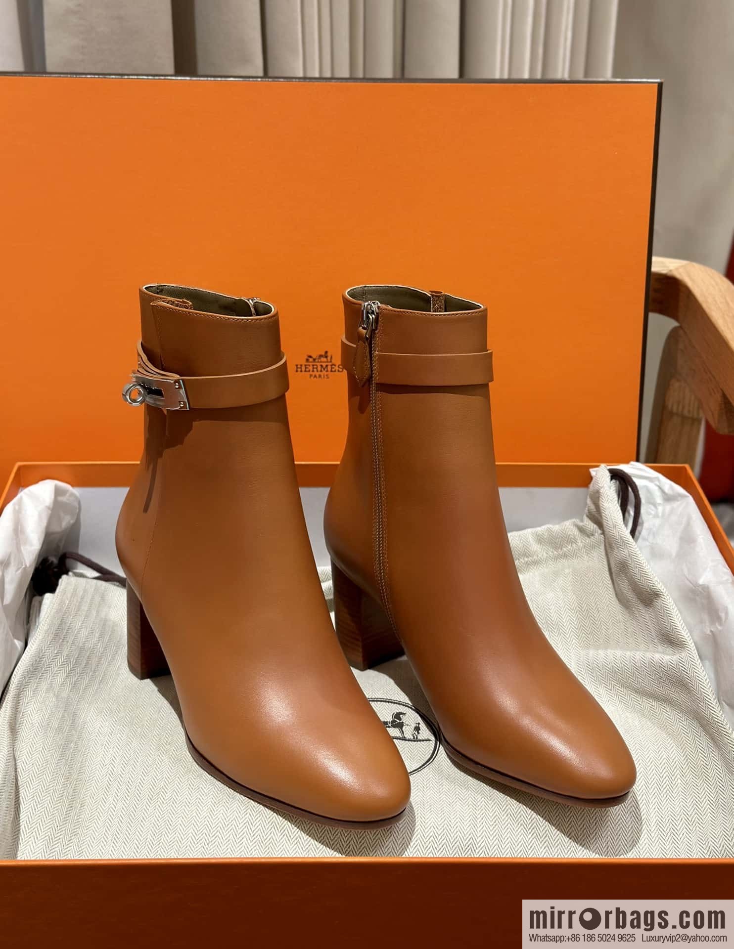 Hermès Kelly Buckle, Calfskin High Heel Boots, Brown
