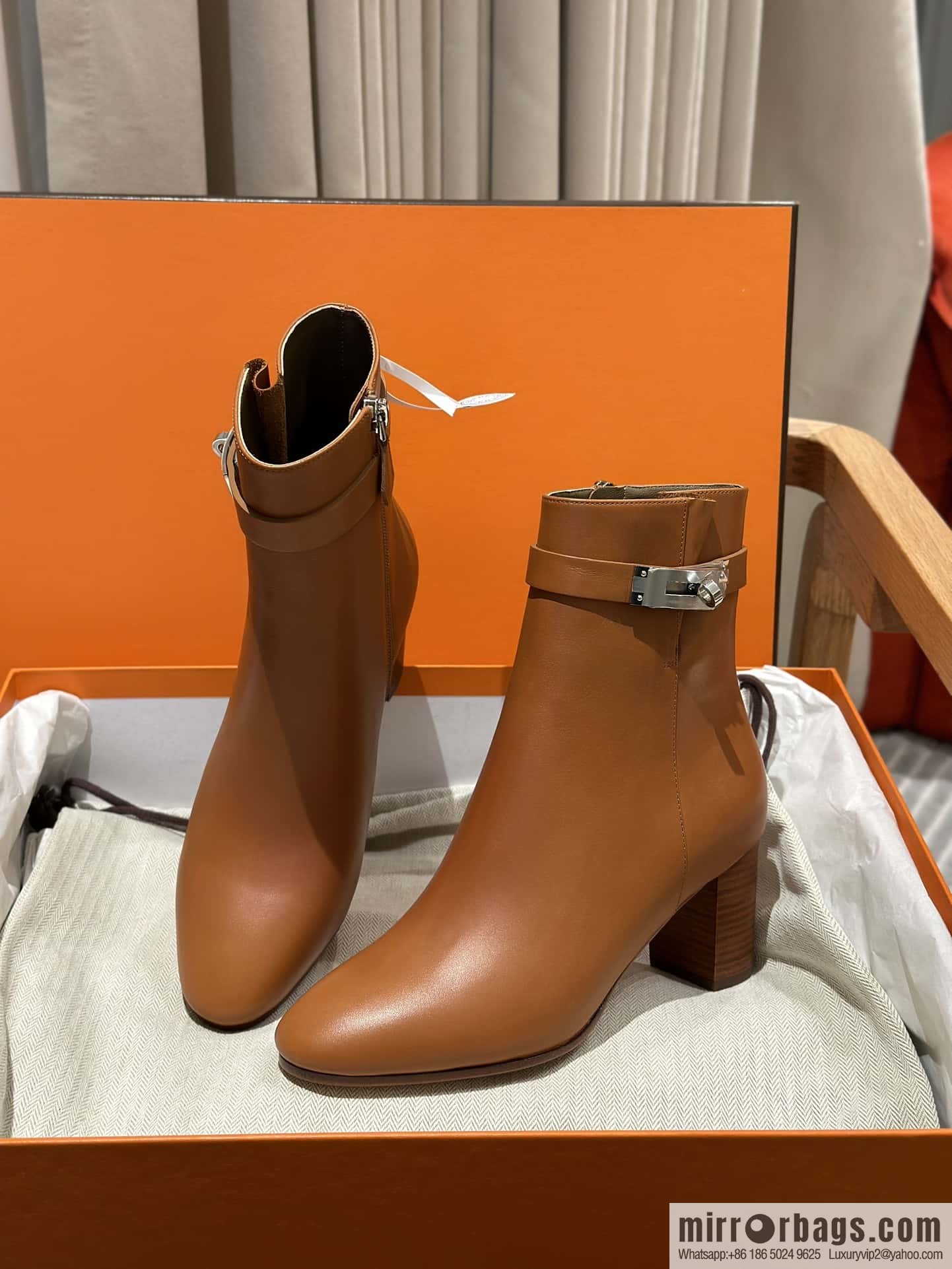 Hermès Kelly Buckle, Calfskin High Heel Boots, Brown