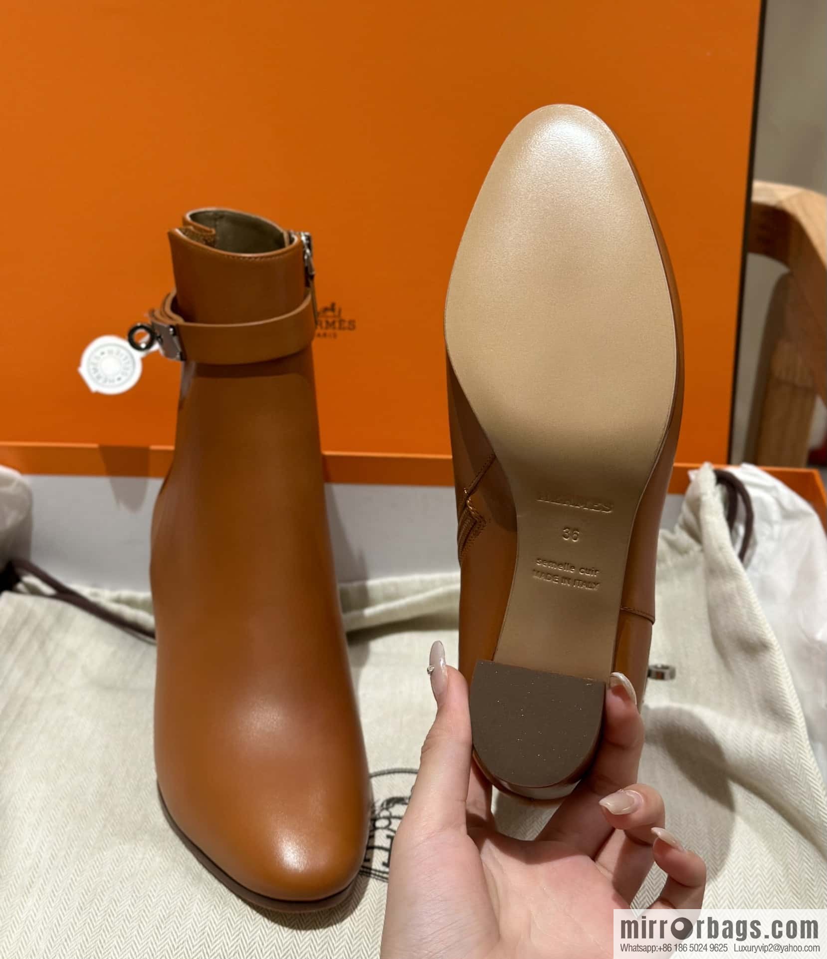 Hermès Kelly Buckle, Calfskin High Heel Boots, Brown