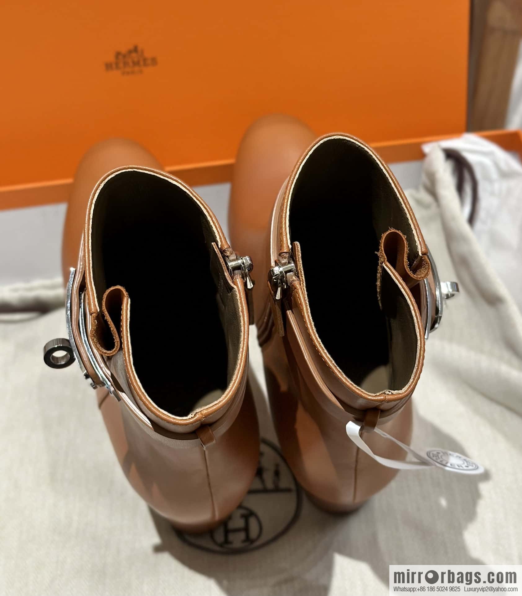 Hermès Kelly Buckle, Calfskin High Heel Boots, Brown
