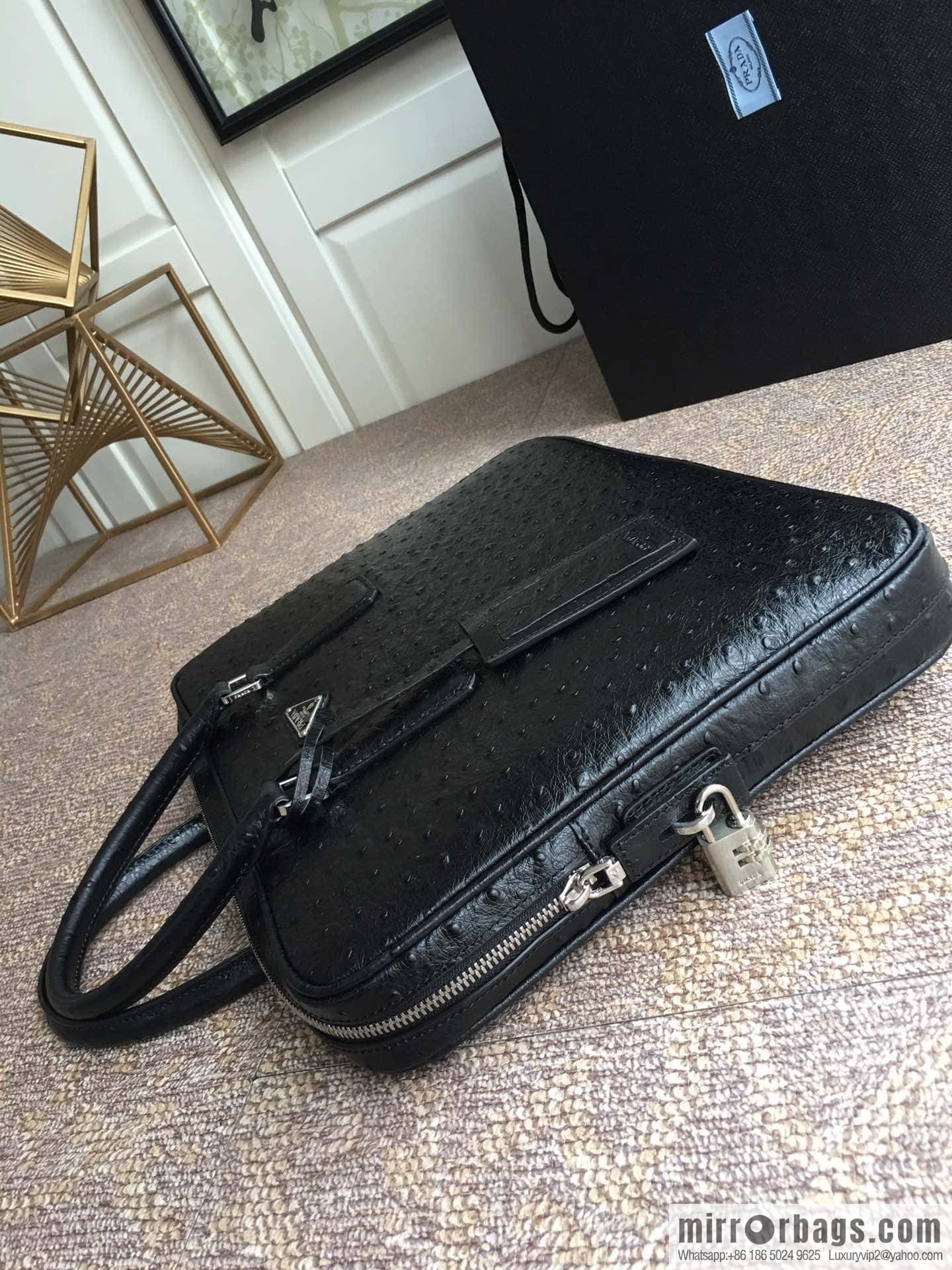 PRADA imported leather ostrich pattern briefcase 2VE368 black