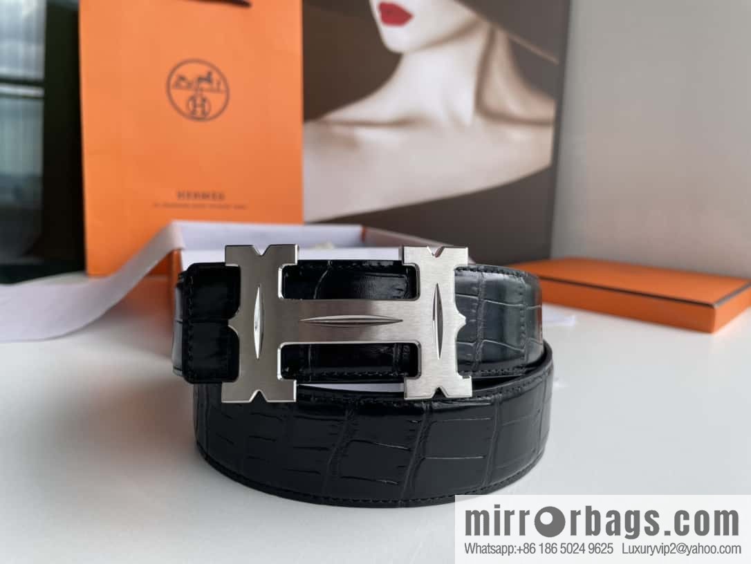 Hermès - Fareest belt buckle & imported cowhide pressed crocodile leather belt 38cm