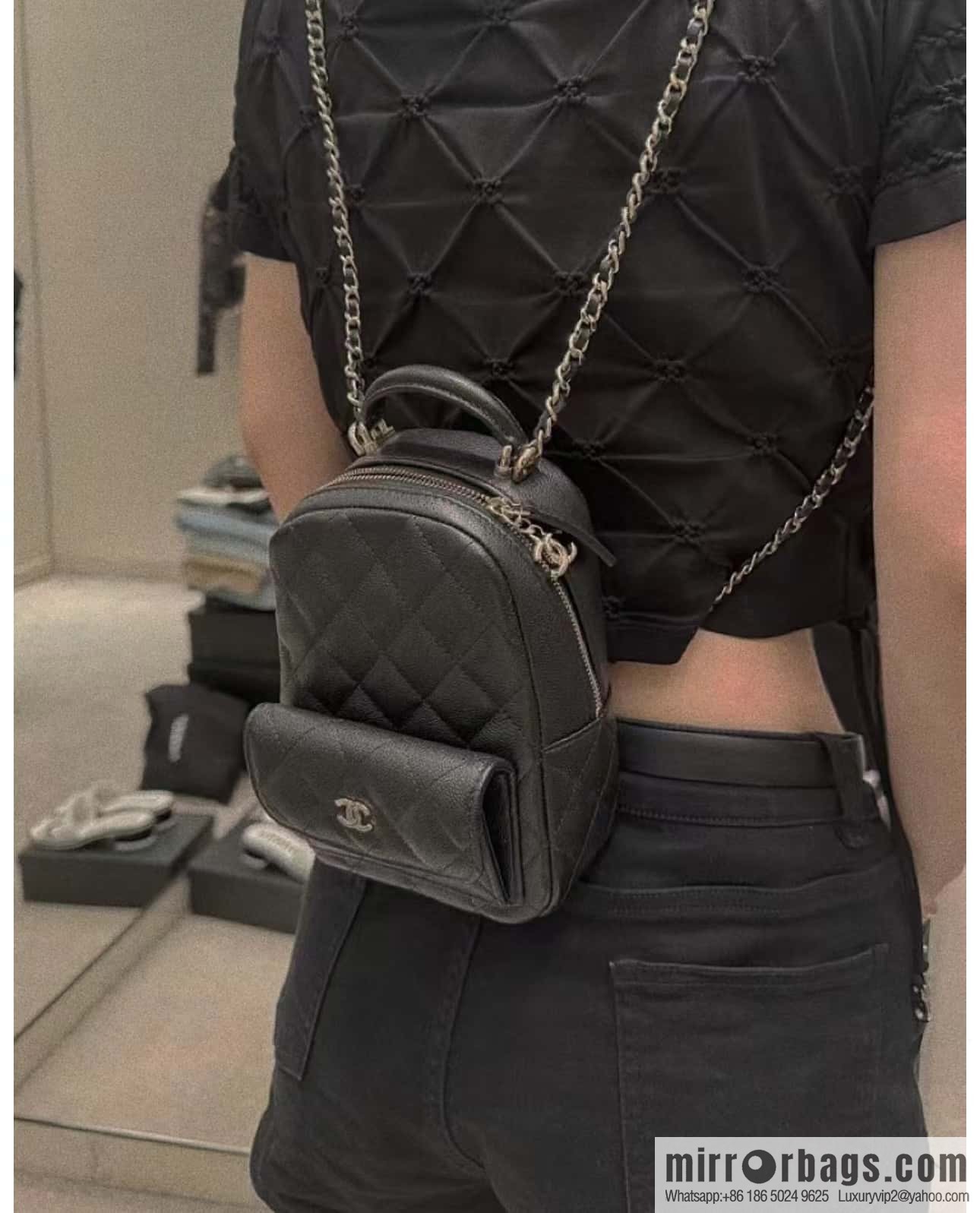 CHANEL 24C early spring vacation series, lychee leather backpack AP3753 black