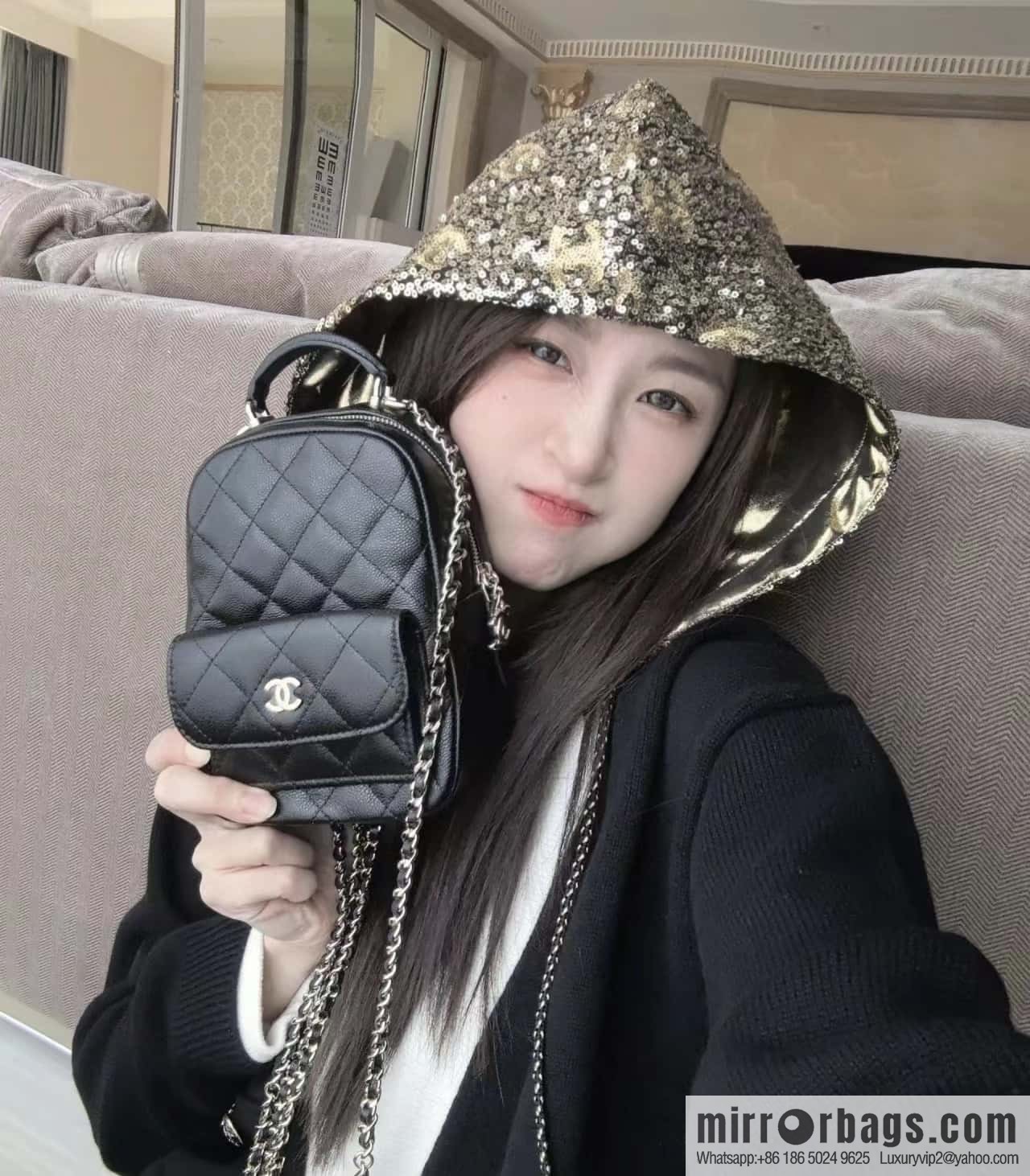 CHANEL 24C early spring vacation series, lychee leather backpack AP3753 black