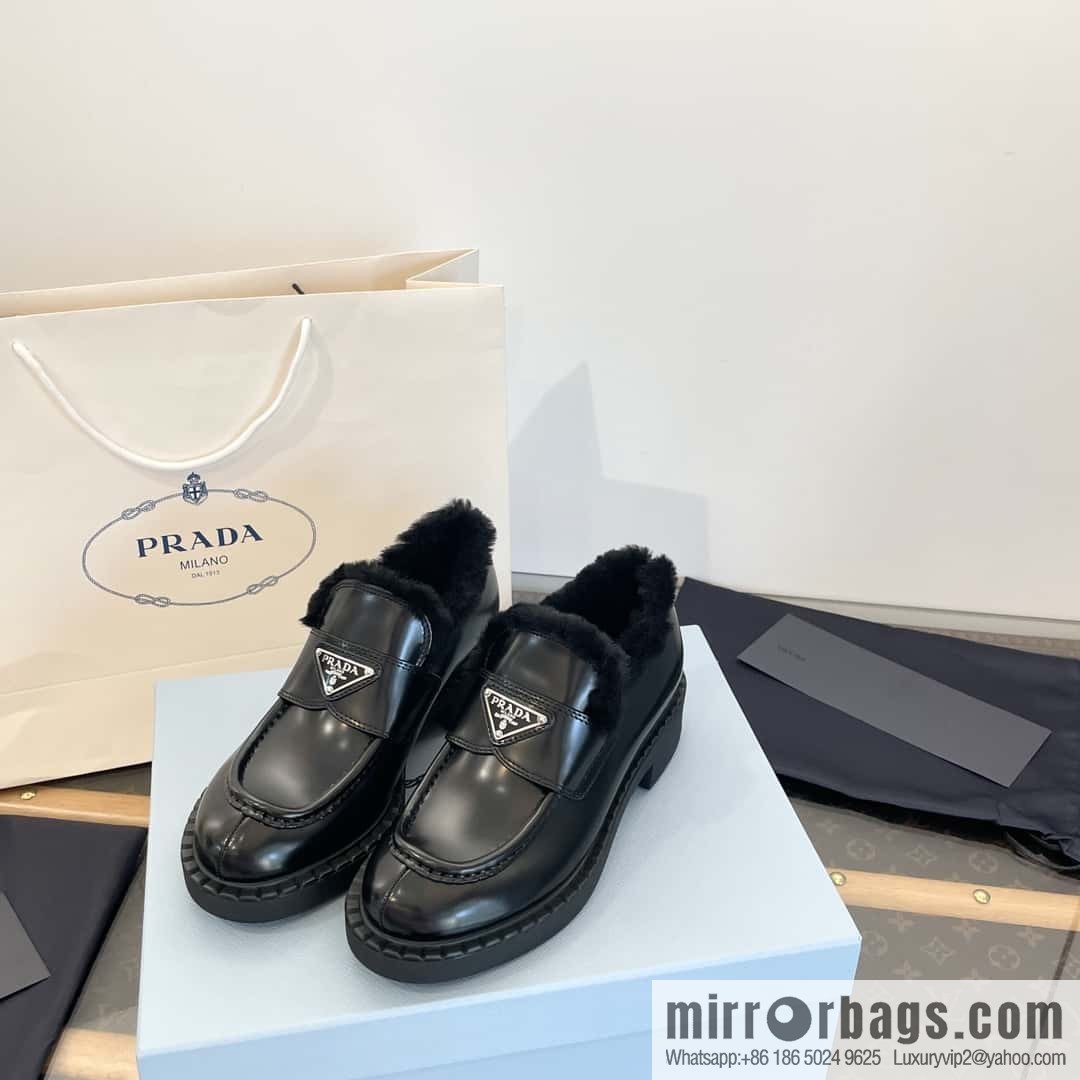 PRADA autumn and winter triangle standard wool and fleece platform loafers