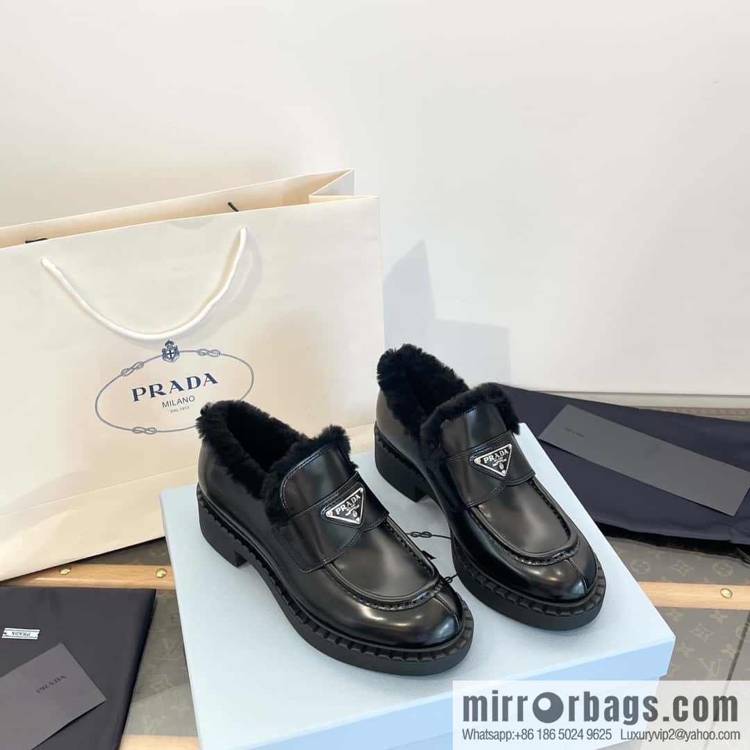 PRADA autumn and winter triangle standard wool and fleece platform loafers